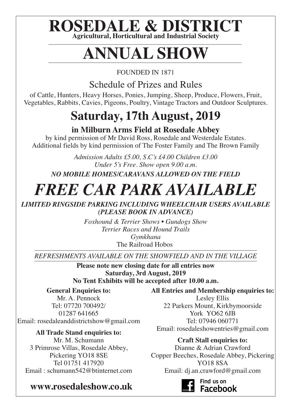 Rosedale & District Annual Show Free Car Park Available