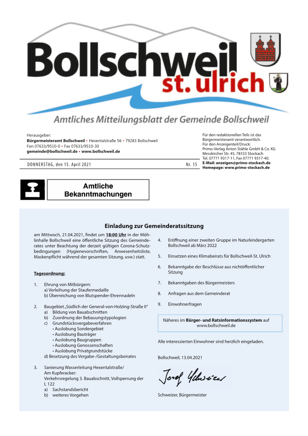 Einladung Zur Gemeinderatssitzung Am Mittwoch, 21.04.2021, F Ndet Um 18:00 Uhr in Der Möh- Linhalle Bollschweil Eine Öf Entliche Sitzung Des Gemeinde- 4