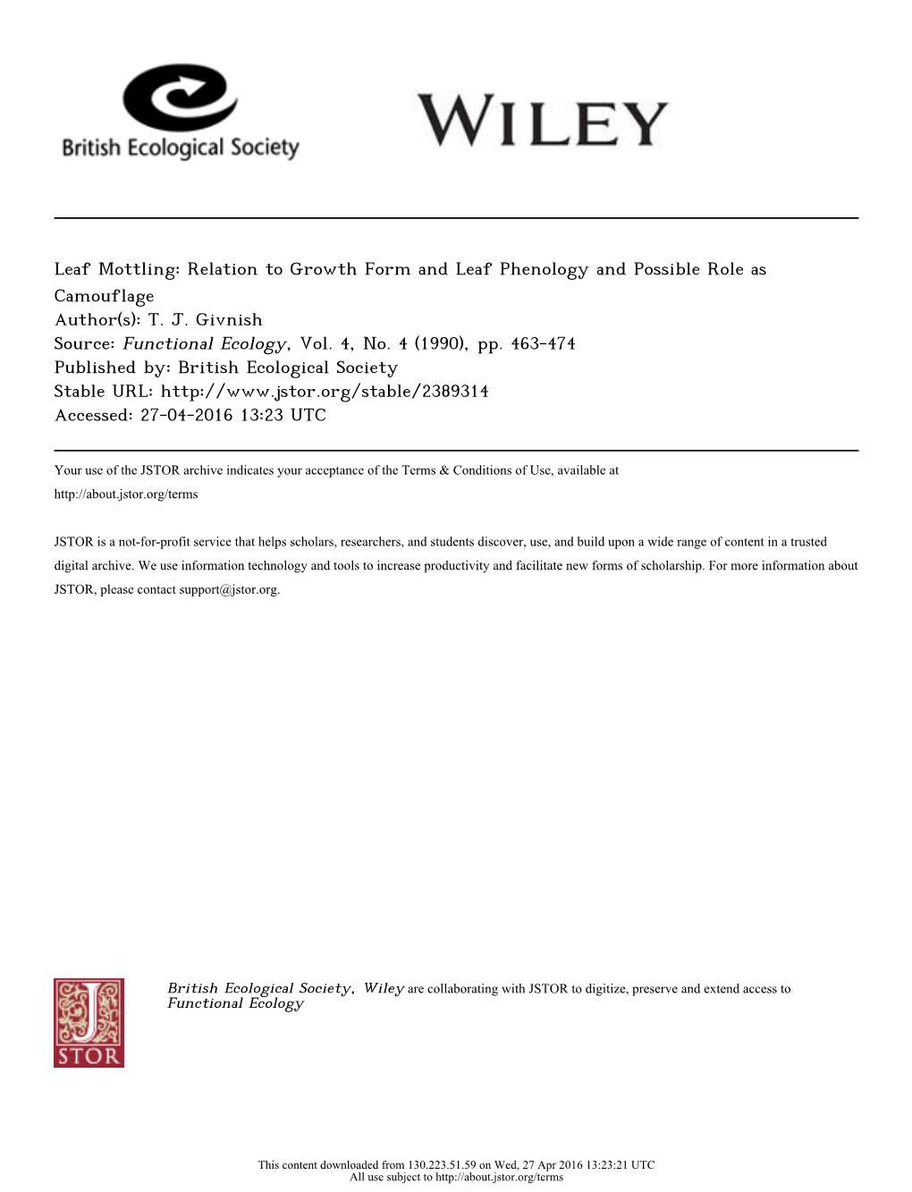 Leaf Mottling: Relation to Growth Form and Leaf Phenology and Possible Role As Camouflage Author(S): T