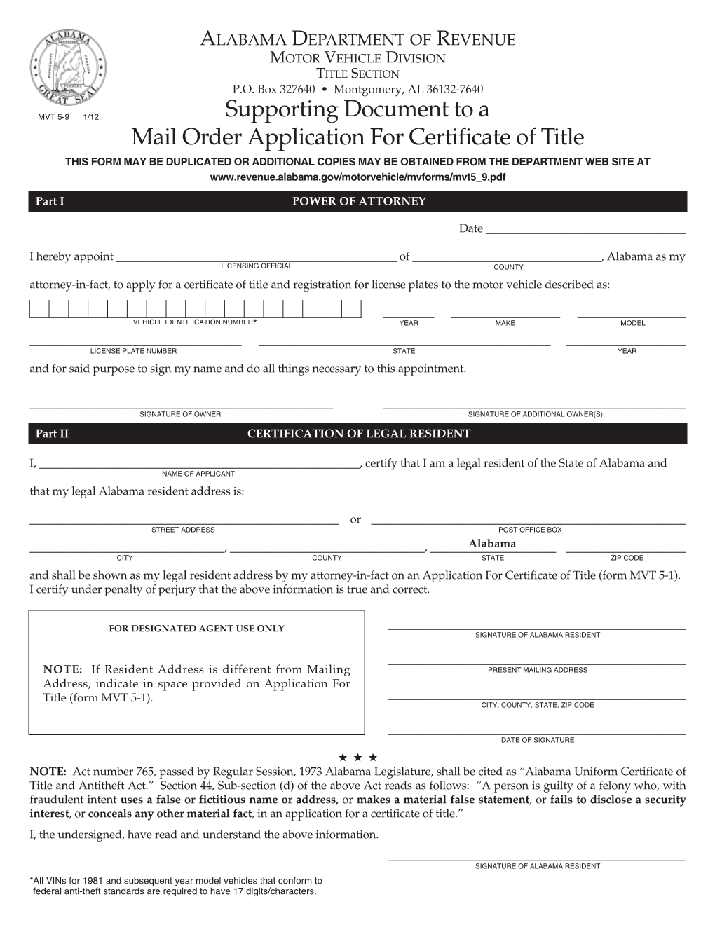 Supporting Document to a Mail Order Application for Certificate of Title