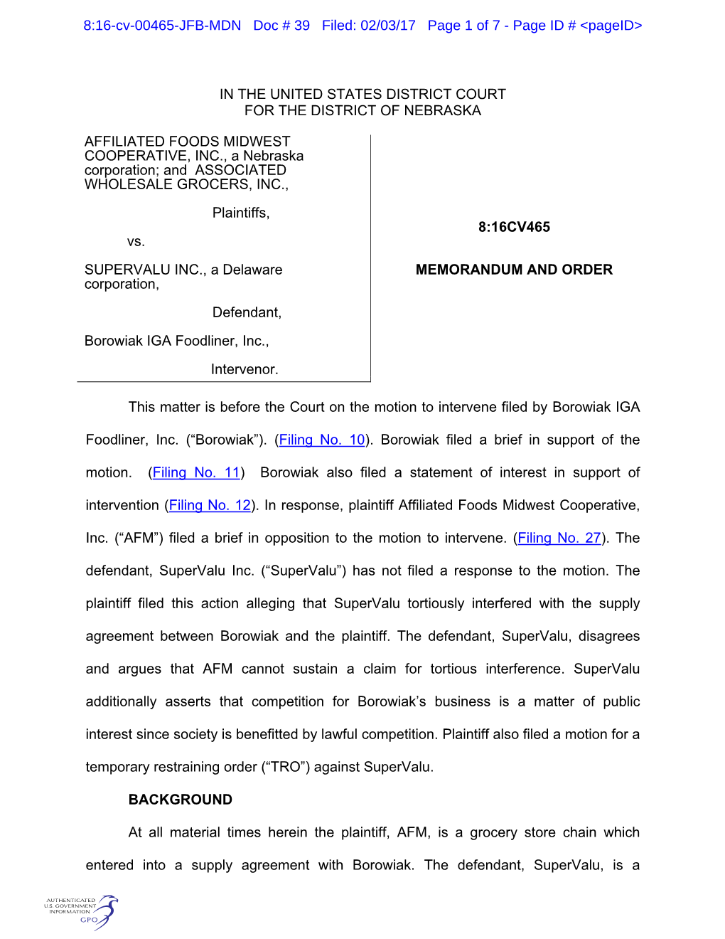 8:16-Cv-00465-JFB-MDN Doc # 39 Filed: 02/03/17 Page 1 of 7