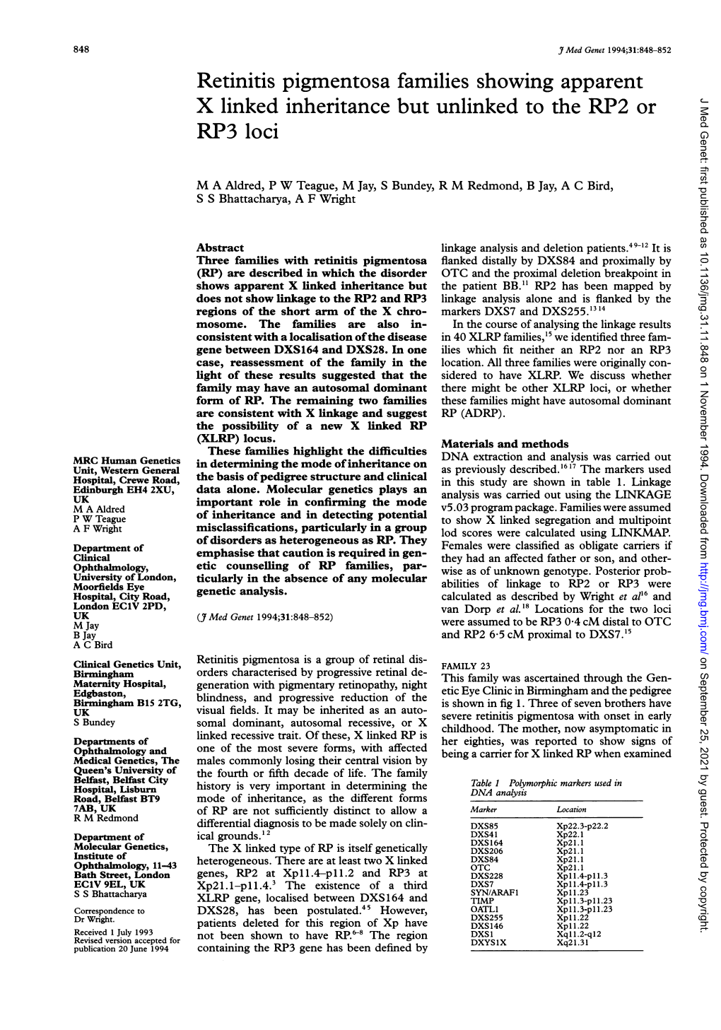 X Linked Inheritance but Unlinked to the RP2 Or RP3 Loci