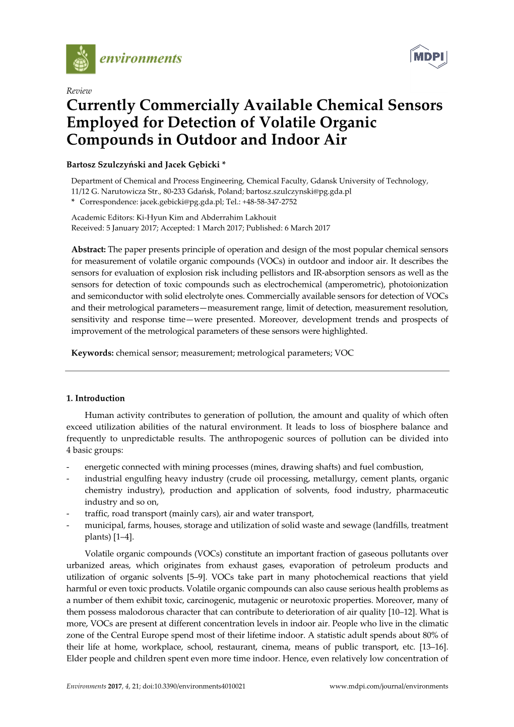 Currently Commercially Available Chemical Sensors Employed for Detection of Volatile Organic Compounds in Outdoor and Indoor Air