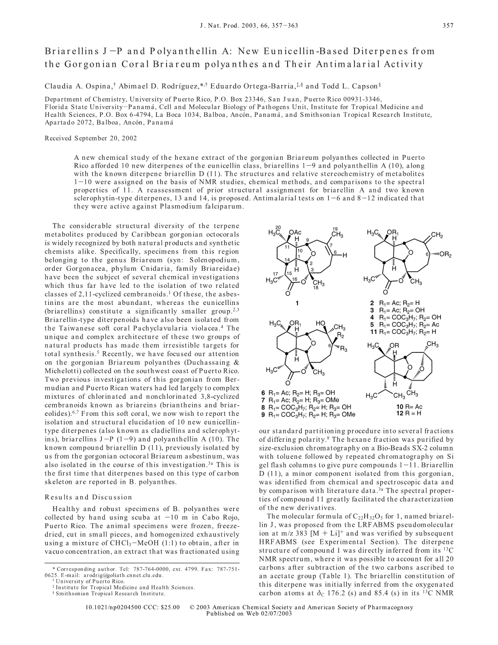 New Eunicellin-Based Diterpenes from the Gorgonian Coral Briareum Polyanthes and Their Antimalarial Activity