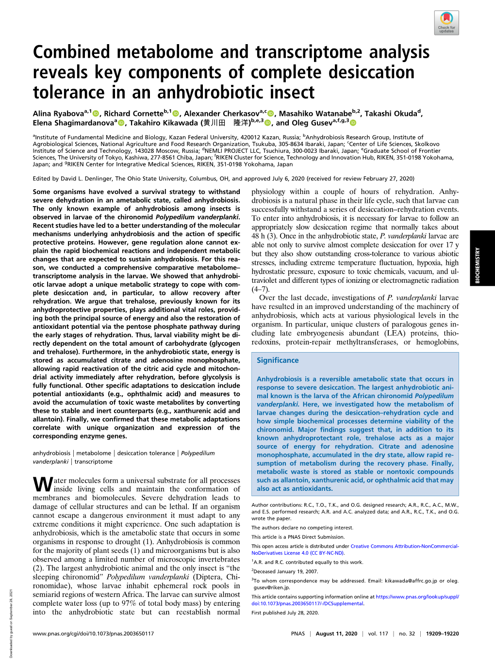 Combined Metabolome and Transcriptome Analysis Reveals Key Components of Complete Desiccation Tolerance in an Anhydrobiotic Insect