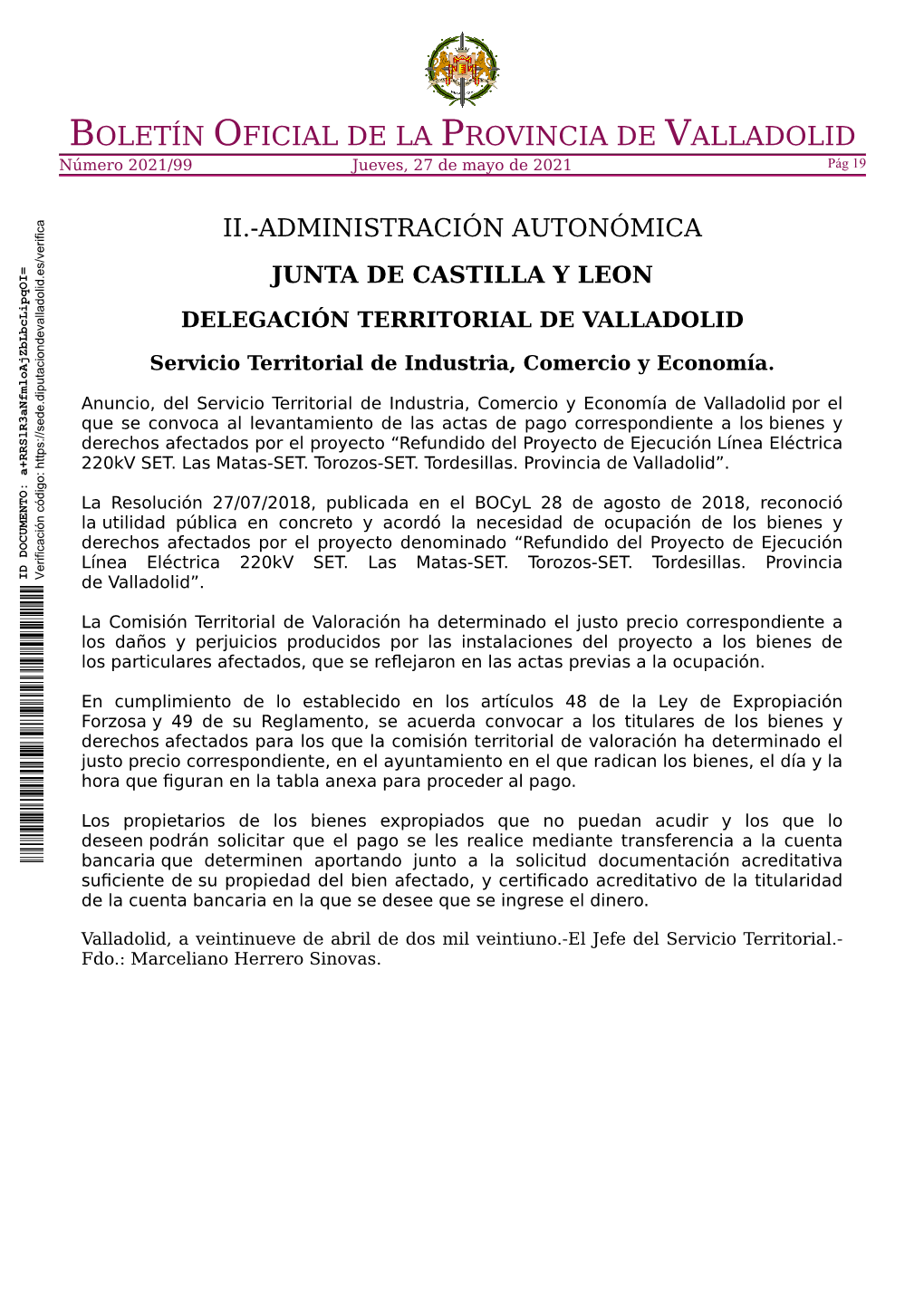 BOLETÍN OFICIAL DE LA PROVINCIA DE VALLADOLID Número 2021/99 Jueves, 27 De Mayo De 2021 Pág 19