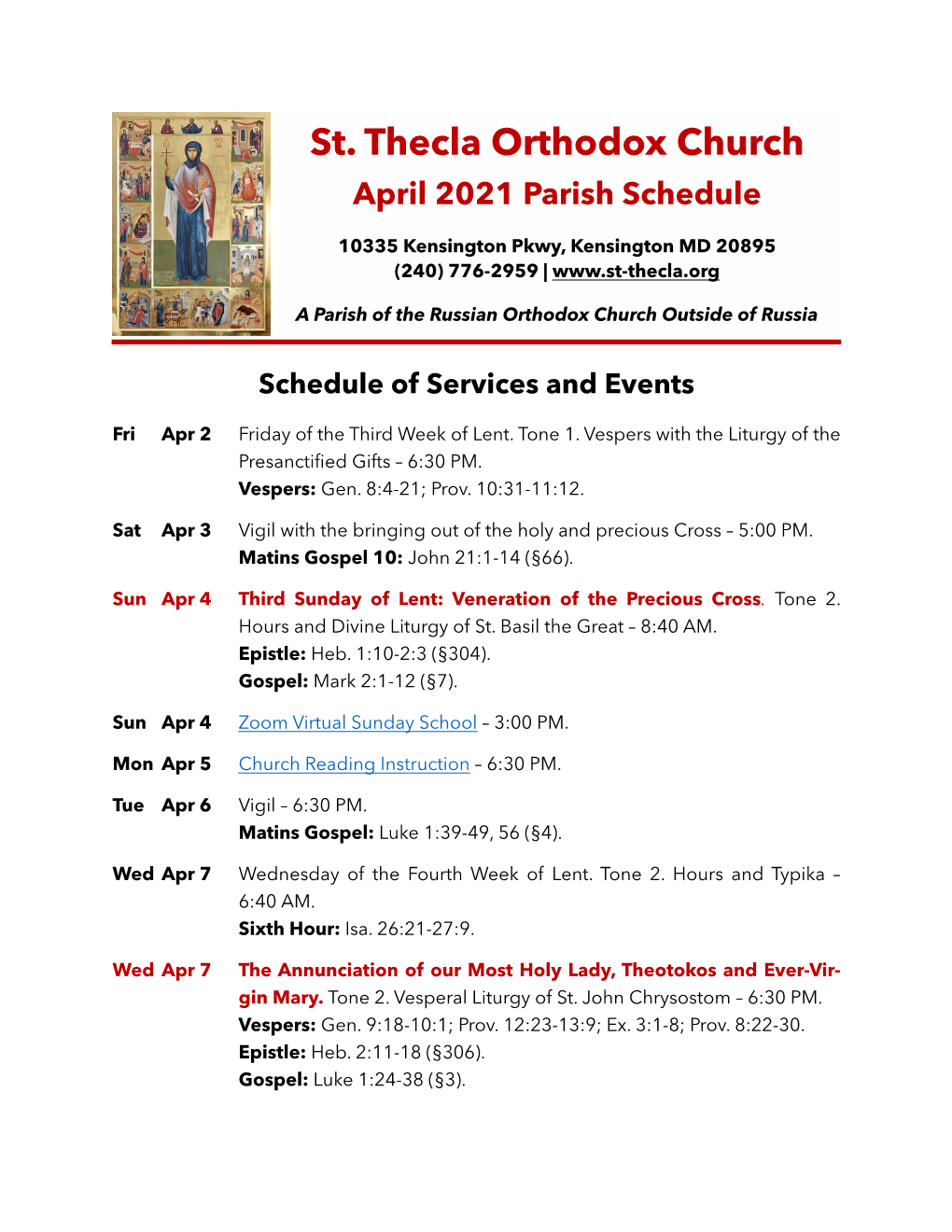 St. Thecla April 2021 Parish Schedule