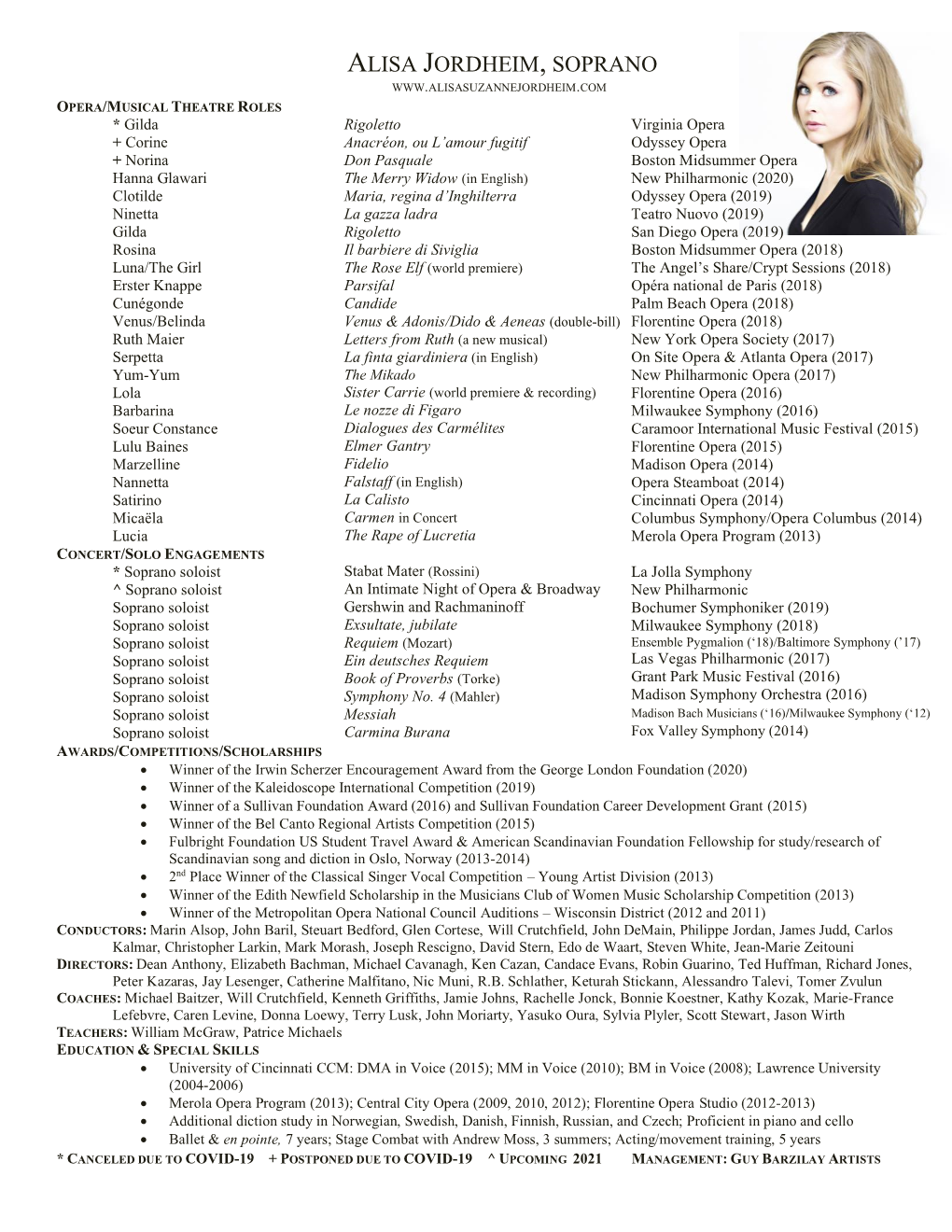 Alisa Jordheim, Performance Resume