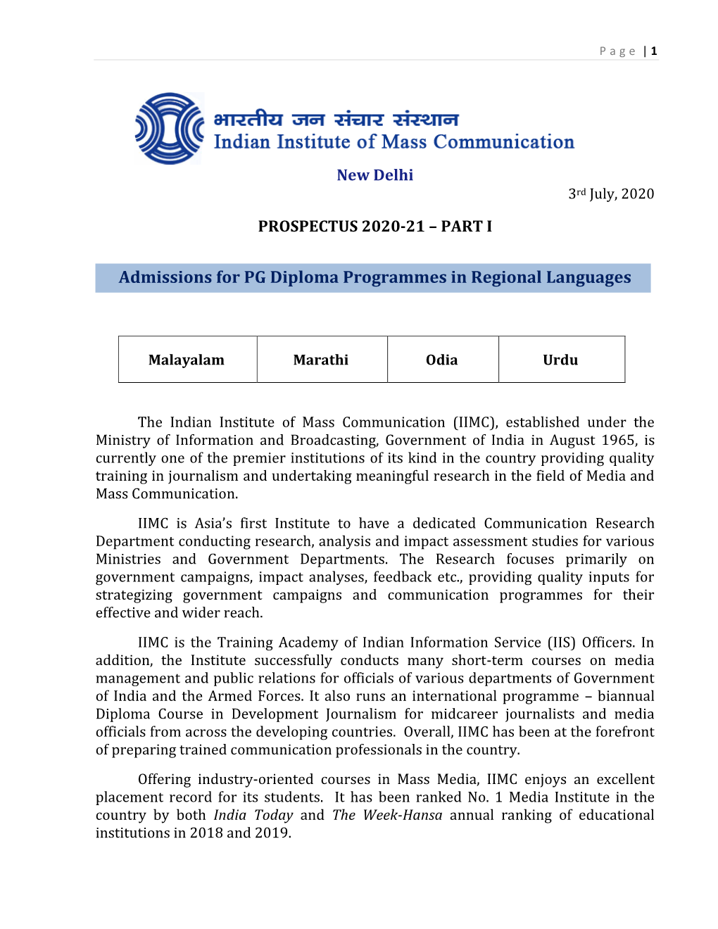 Admissions for PG Diploma Programmes in Regional Languages