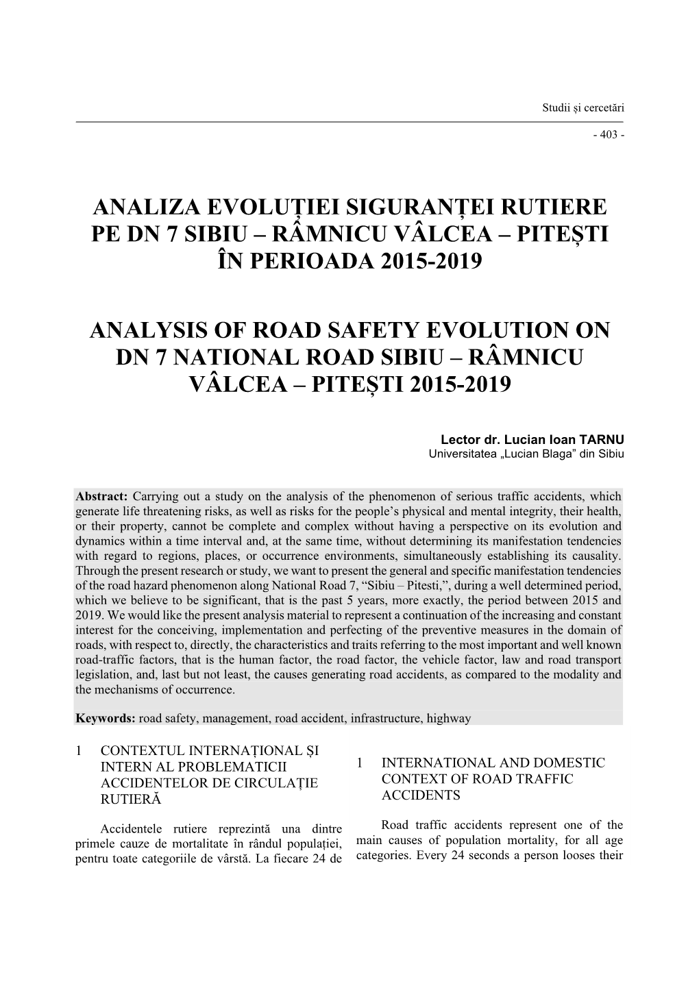 Analiza Evoluției Siguranței Rutiere Pe Dn 7 Sibiu – Râmnicu Vâlcea – Pitești În Perioada 2015-2019