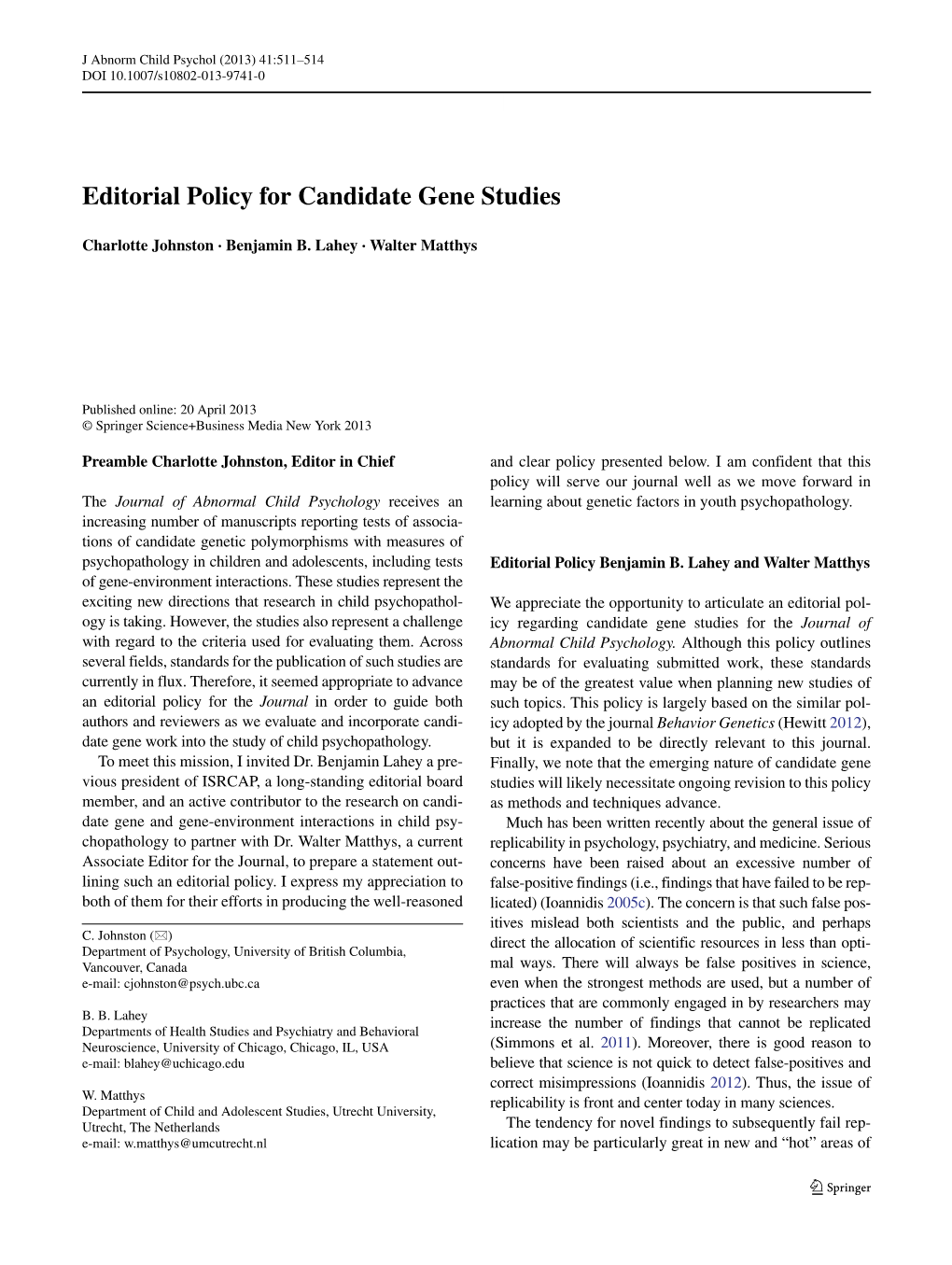 Editorial Policy for Candidate Gene Studies