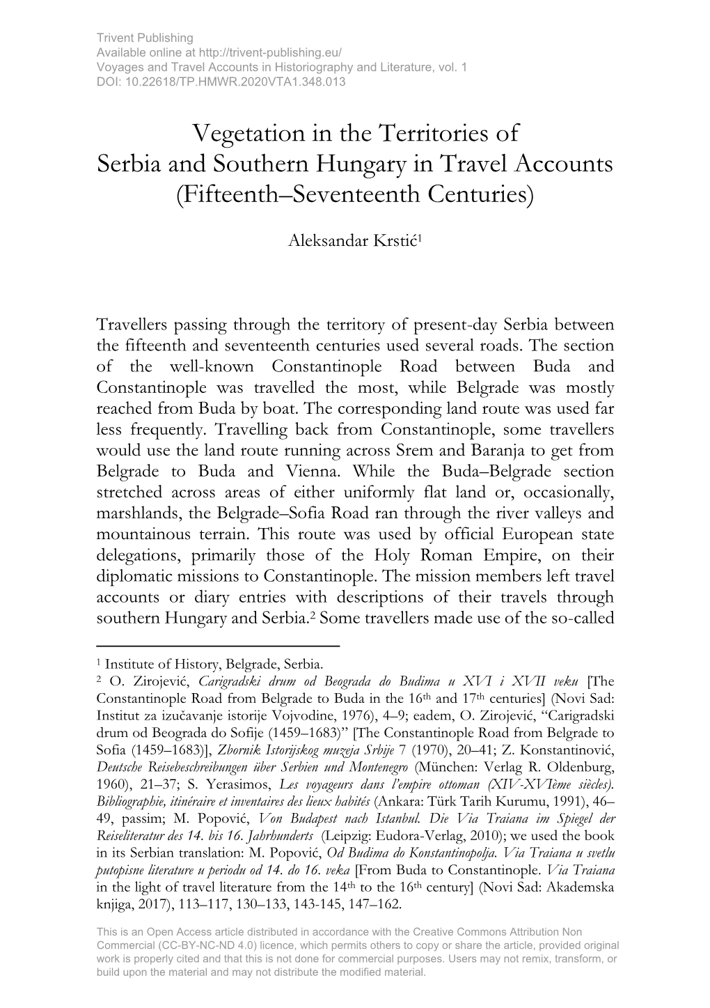 Vegetation in the Territories of Serbia and Southern Hungary in Travel Accounts (Fifteenth–Seventeenth Centuries)
