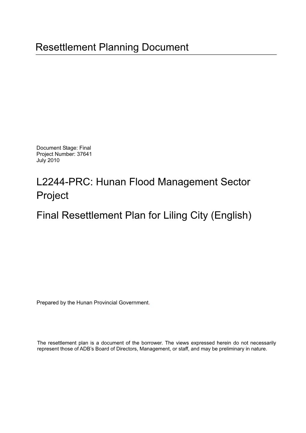 Hunan Flood Management Sector Project