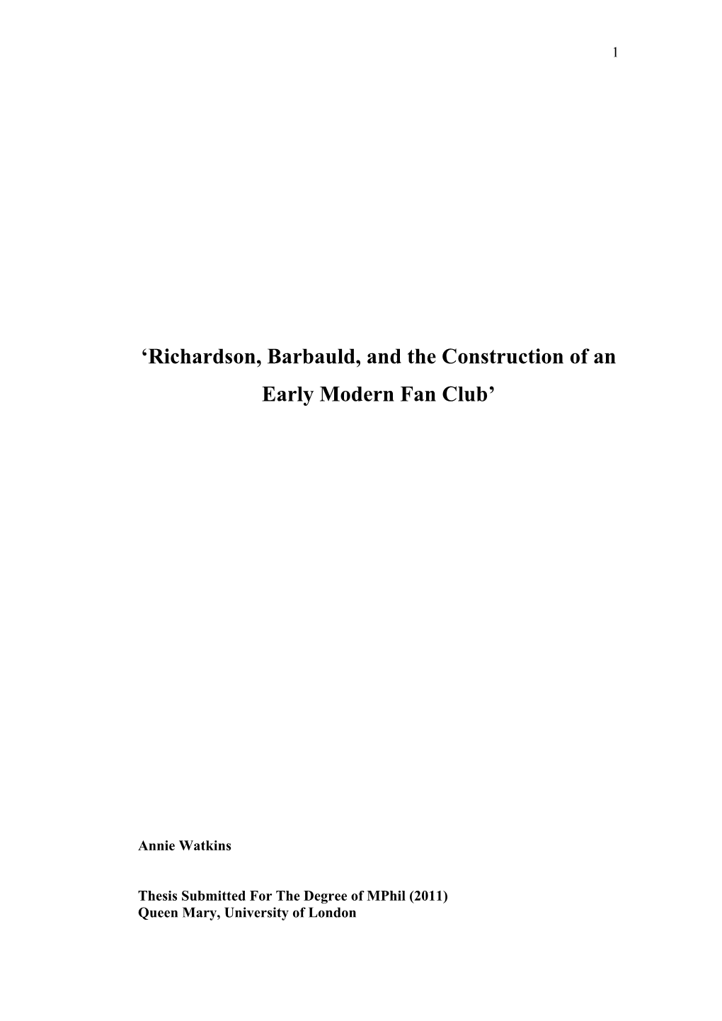 Richardson, Barbauld, and the Construction of an Early Modern Fan Club’