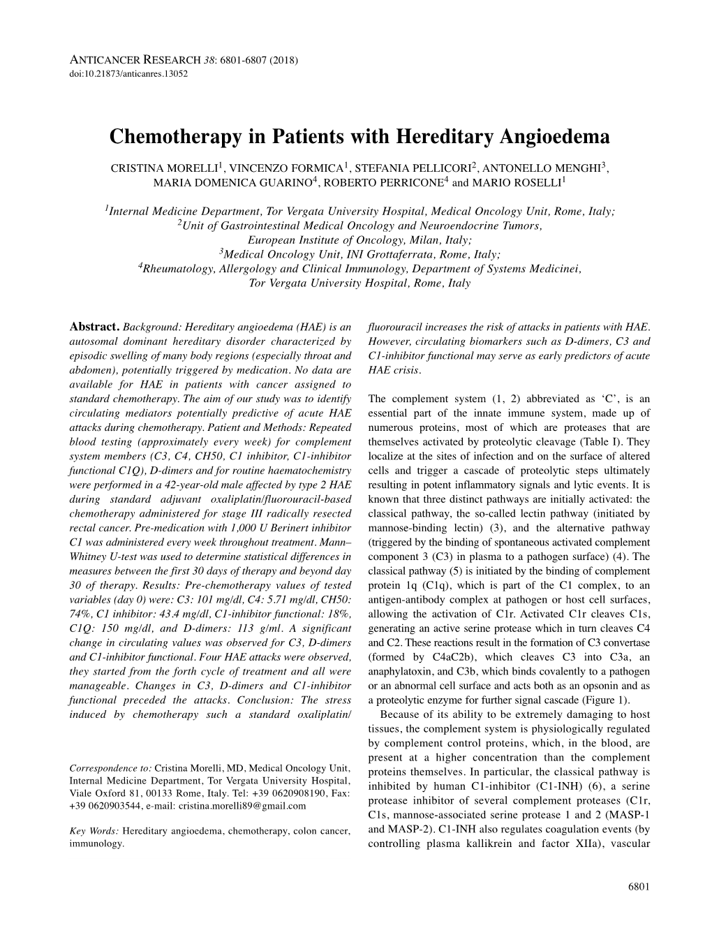 Chemotherapy in Patients with Hereditary Angioedema