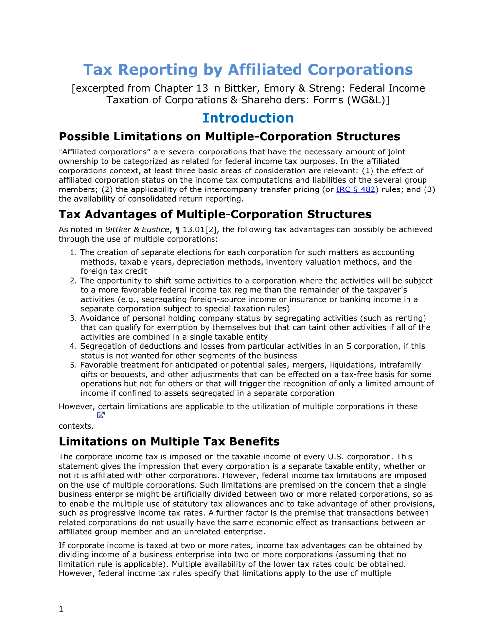 Tax Reporting by Affiliated Corporations