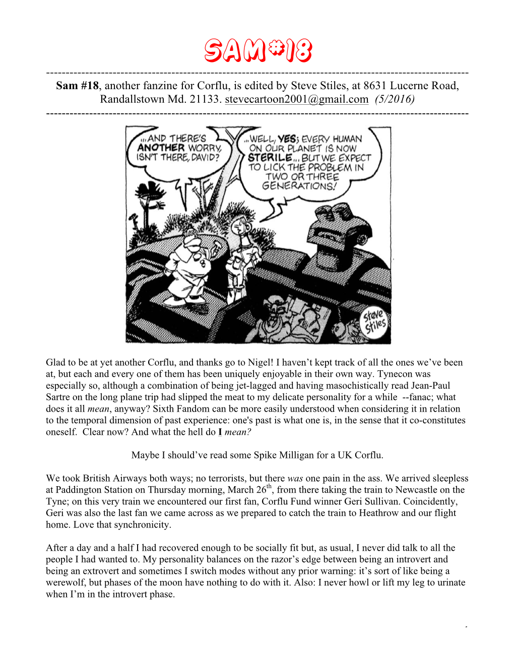 SAM#18 ------Sam #18, Another Fanzine for Corflu, Is Edited by Steve Stiles, at 8631 Lucerne Road, Randallstown Md