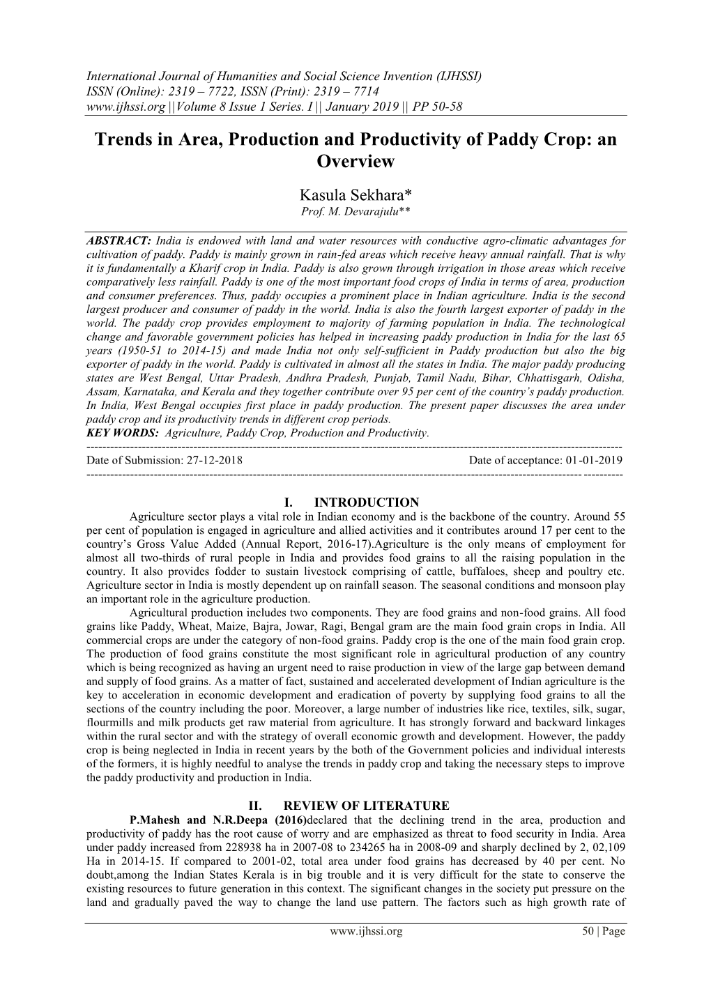 Trends in Area, Production and Productivity of Paddy Crop: an Overview