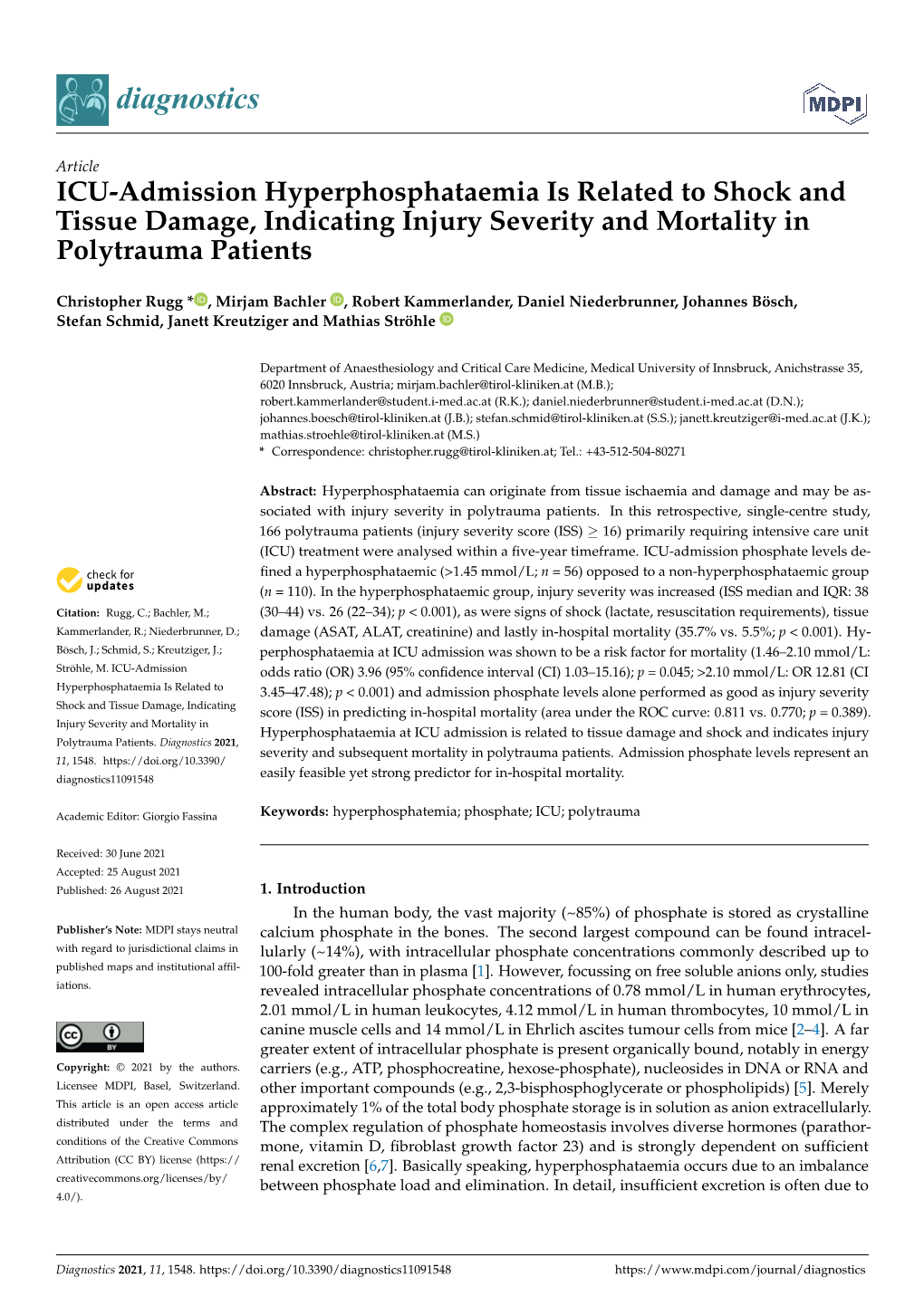 ICU-Admission Hyperphosphataemia Is Related to Shock and Tissue Damage, Indicating Injury Severity and Mortality in Polytrauma Patients