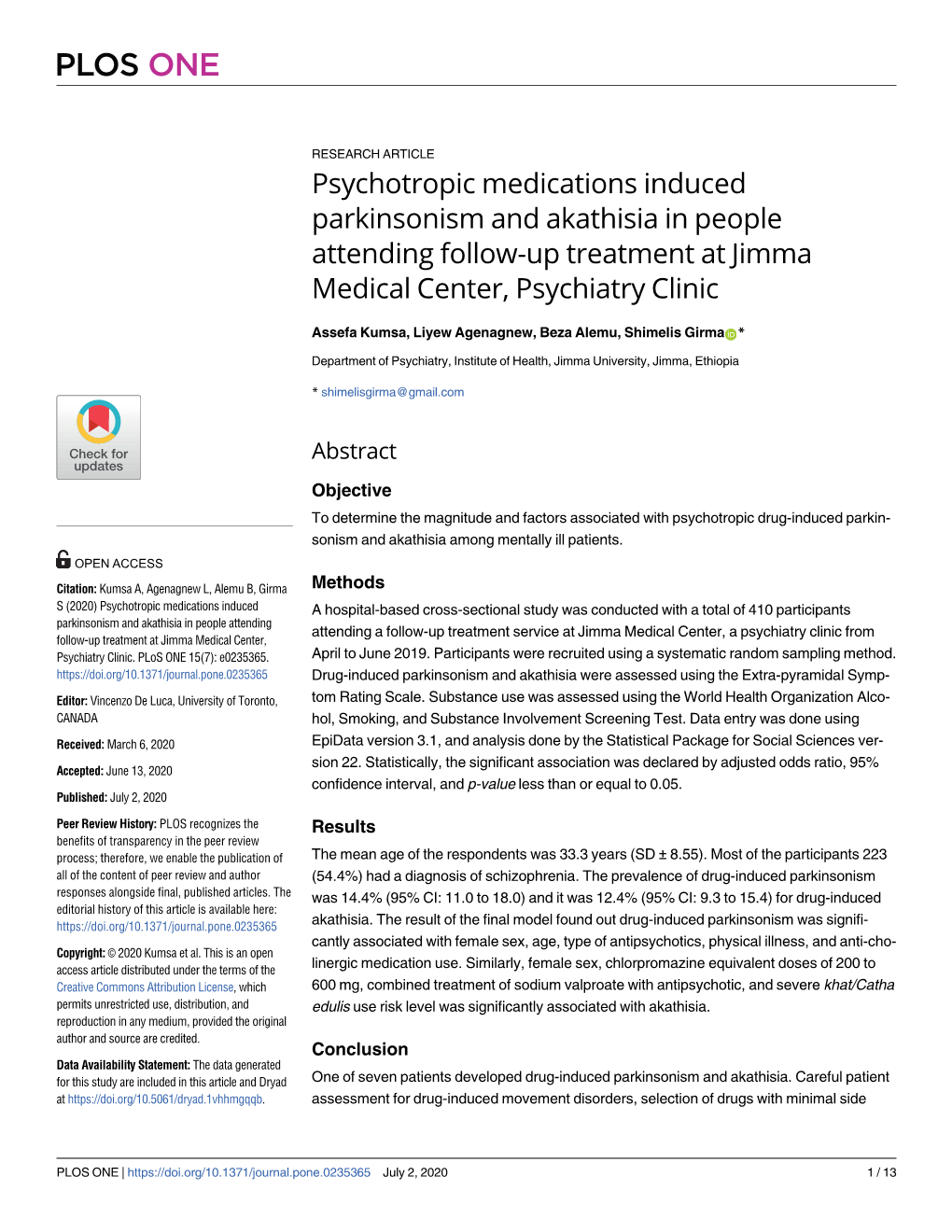 Psychotropic Medications Induced Parkinsonism and Akathisia in People Attending Follow-Up Treatment at Jimma Medical Center, Psychiatry Clinic