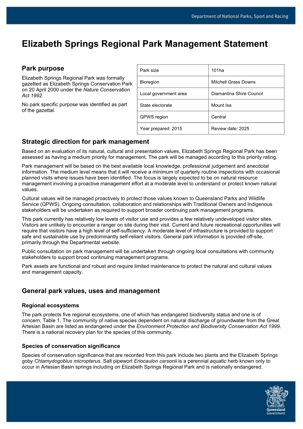 Elizabeth Springs Regional Park Management Statement 2015 (PDF