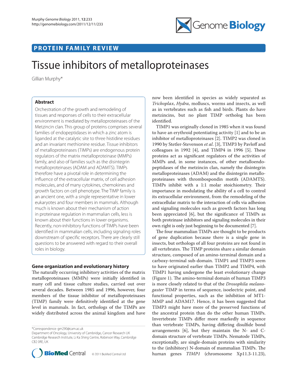 Tissue Inhibitors of Metalloproteinases Gillian Murphy*