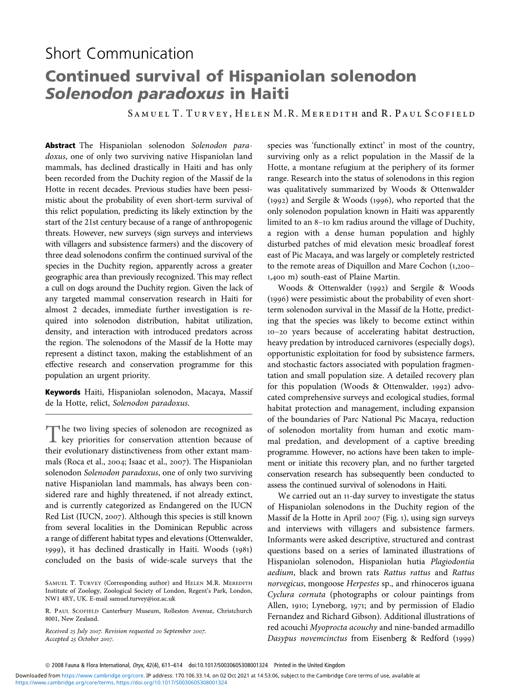 Continued Survival of Hispaniolan Solenodon Solenodon Paradoxus in Haiti S Amuel T