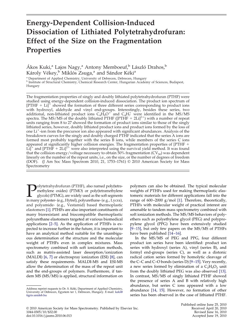 Energy-Dependent Collision-Induced Dissociation of Lithiated Polytetrahydrofuran: Effect of the Size on the Fragmentation Properties