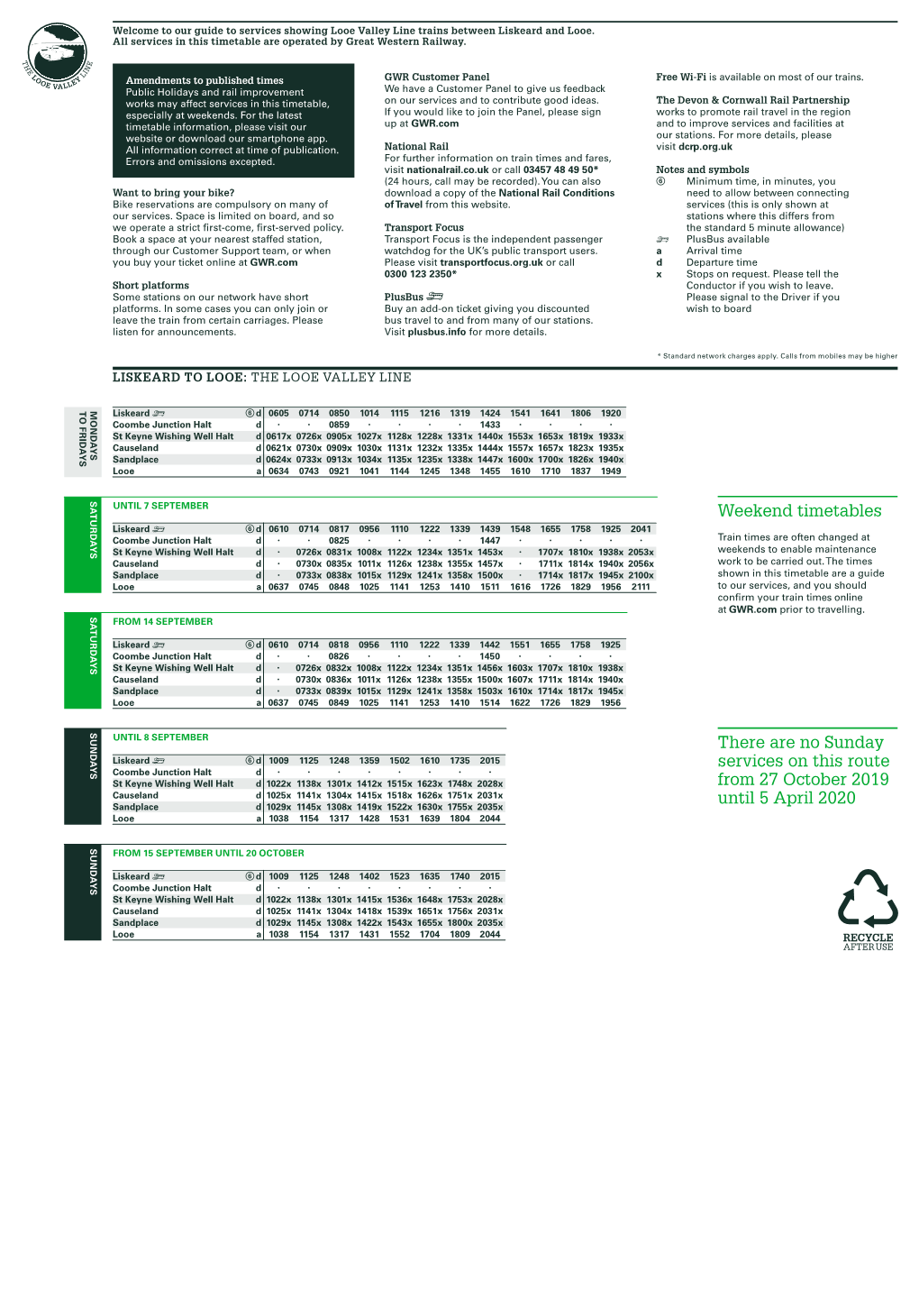 Weekend Timetables There Are No Sunday Services on This Route From