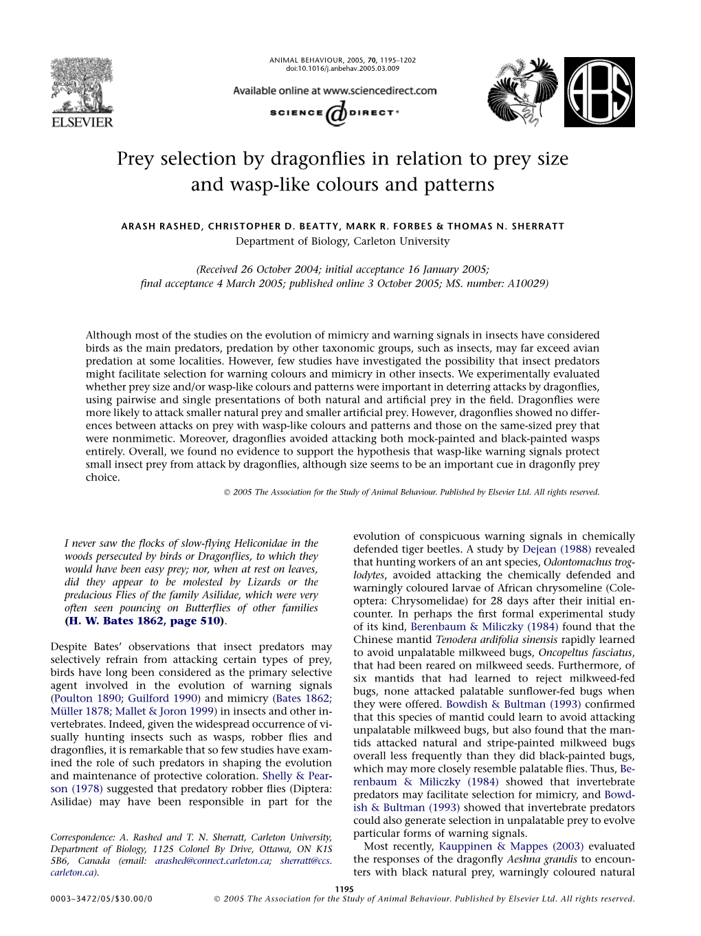 Prey Selection by Dragonflies in Relation to Prey Size and Wasp-Like