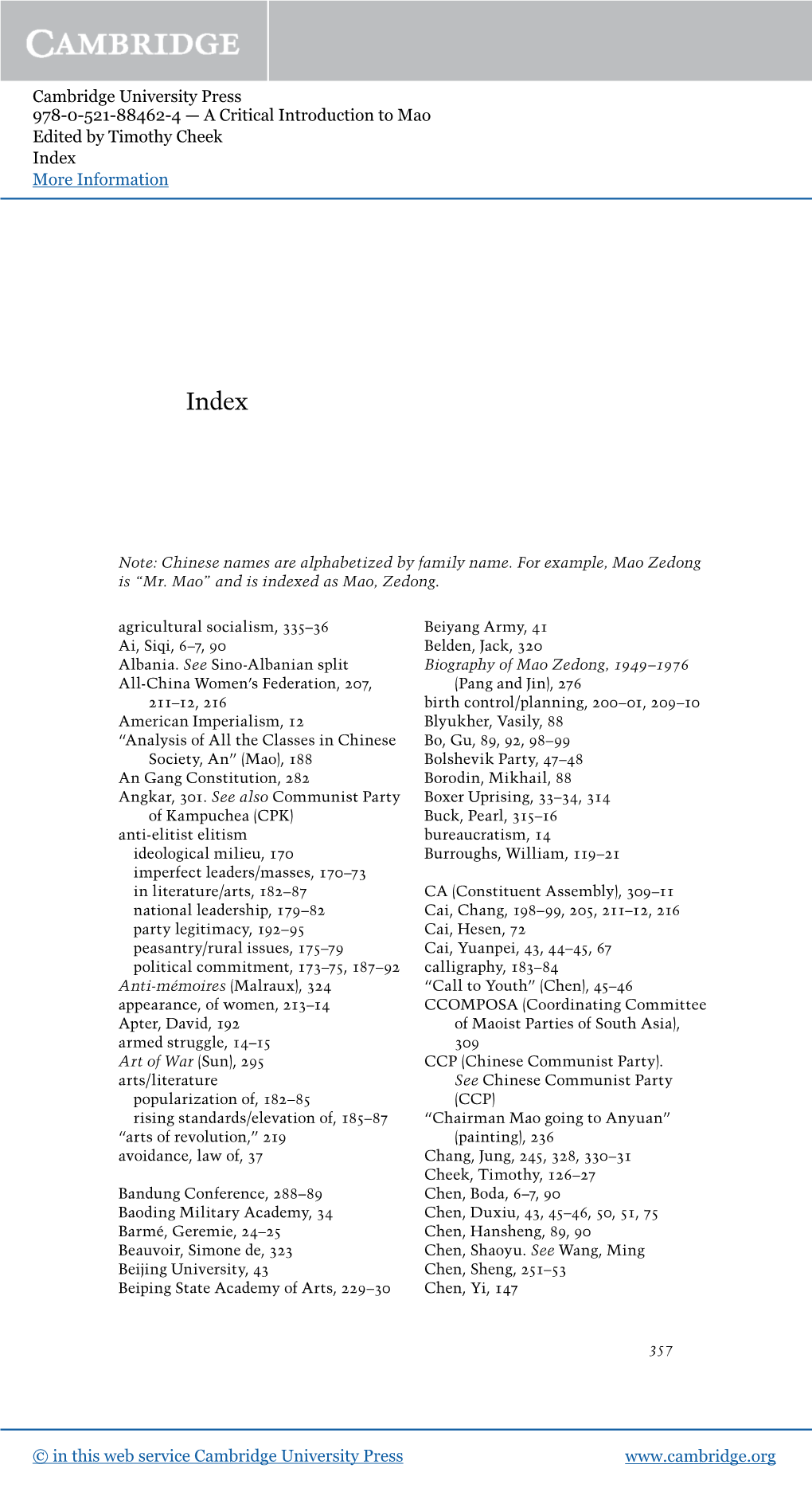 Cambridge University Press 978-0-521-88462-4 — a Critical Introduction to Mao Edited by Timothy Cheek Index More Information