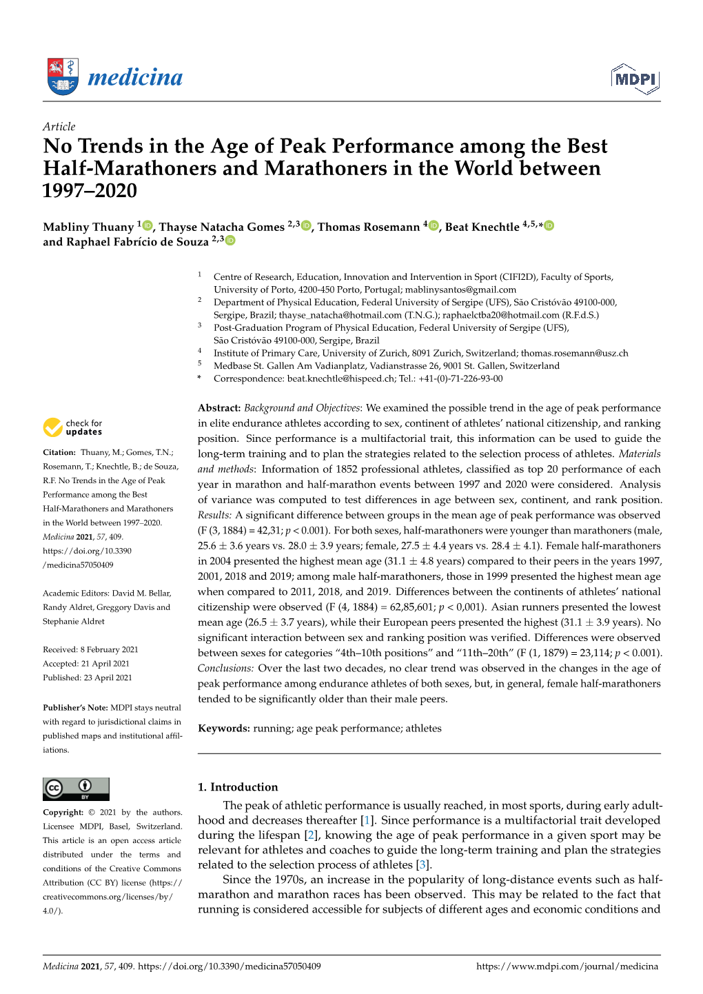 No Trends in the Age of Peak Performance Among the Best Half-Marathoners and Marathoners in the World Between 1997–2020