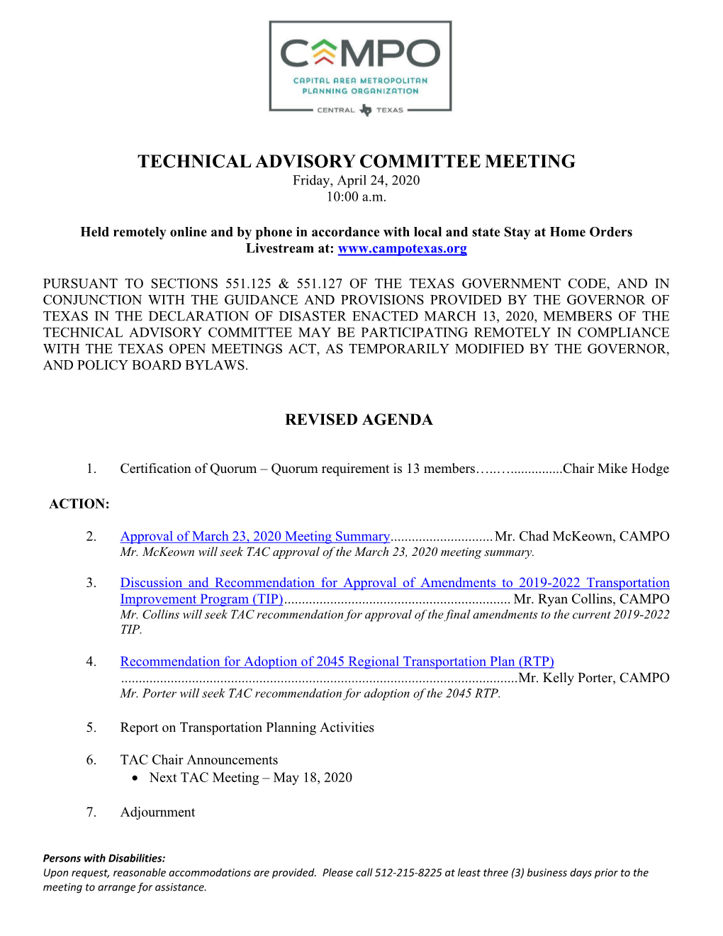 TECHNICAL ADVISORY COMMITTEE MEETING Friday, April 24, 2020 10:00 A.M
