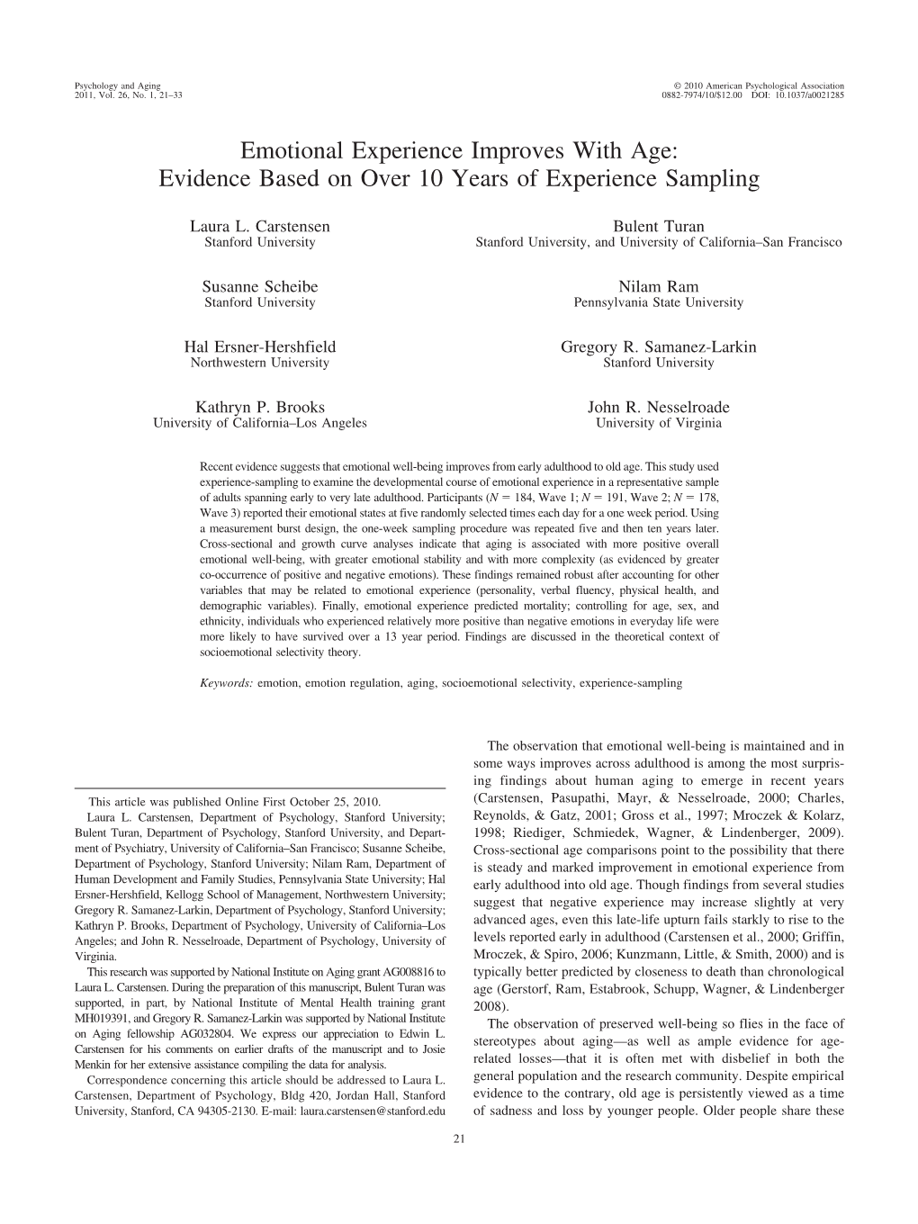 Emotional Experience Improves with Age: Evidence Based on Over 10 Years of Experience Sampling