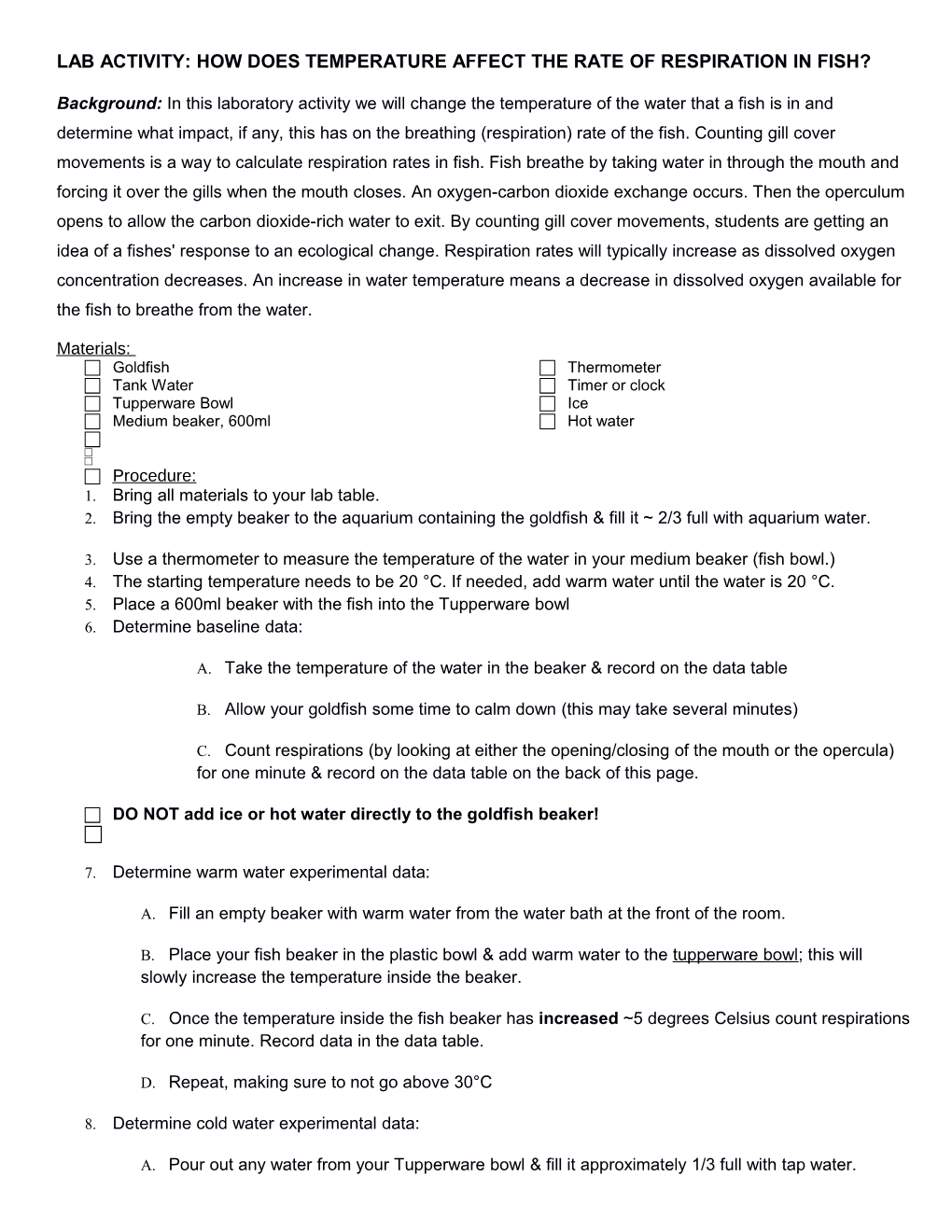 Lab Activity: How Does Temperature Affect the Rate of Respiration in Fish