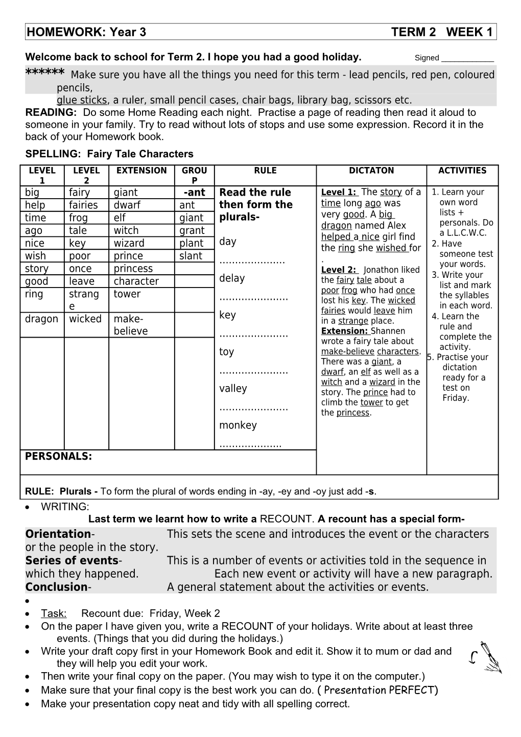 HOMEWORK: Year 3 TERM 2 WEEK 1