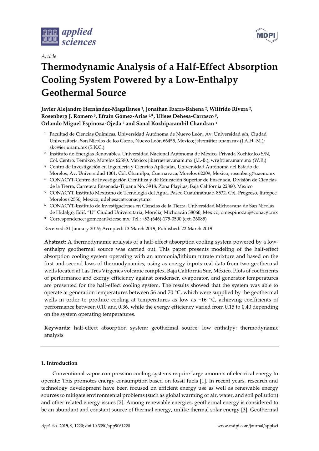 Thermodynamic Analysis of a Half-Effect Absorption Cooling System Powered by a Low-Enthalpy Geothermal Source
