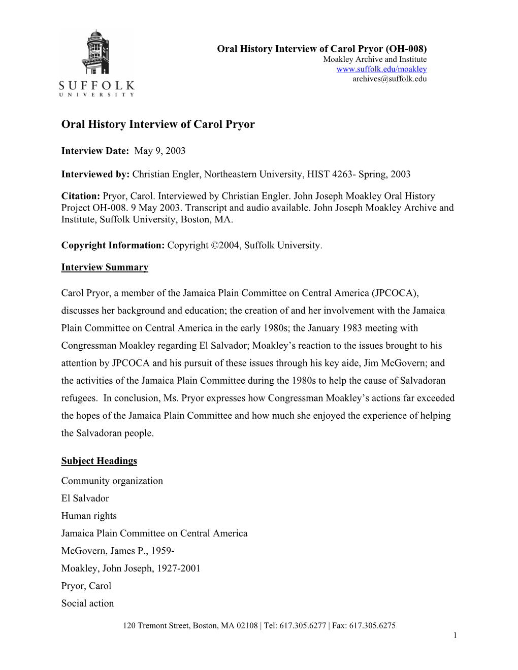 Oral History Interview of Carol Pryor (OH-008) Moakley Archive and Institute Archives@Suffolk.Edu