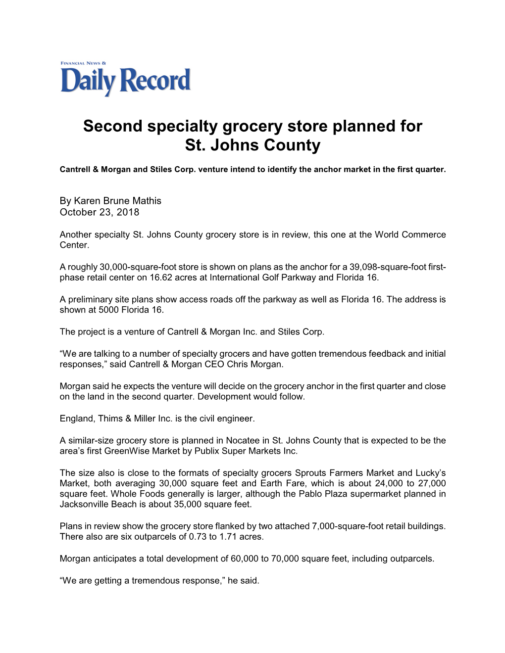 Second Specialty Grocer Planned For