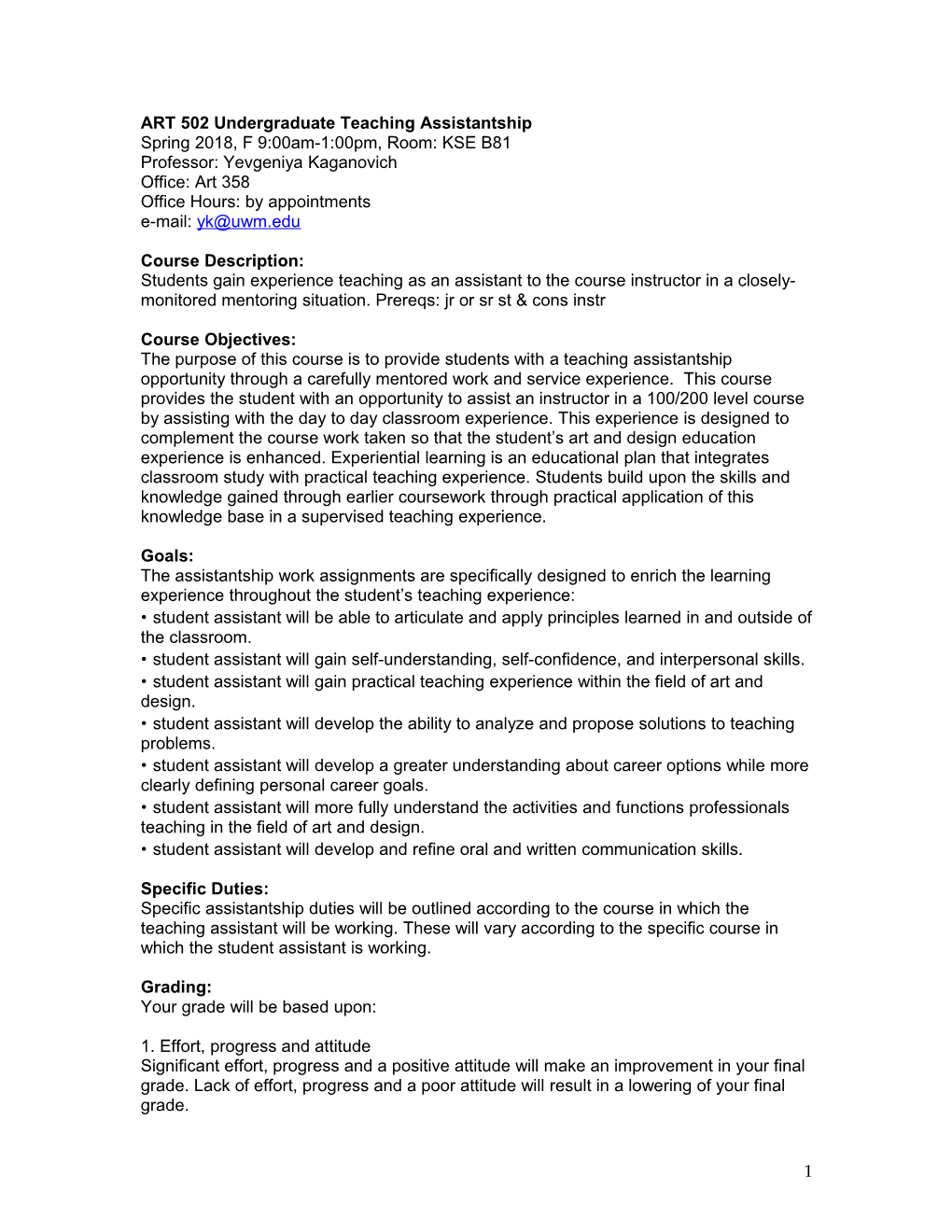 ART 507 Undergraduate Teaching Internship/Assistantship