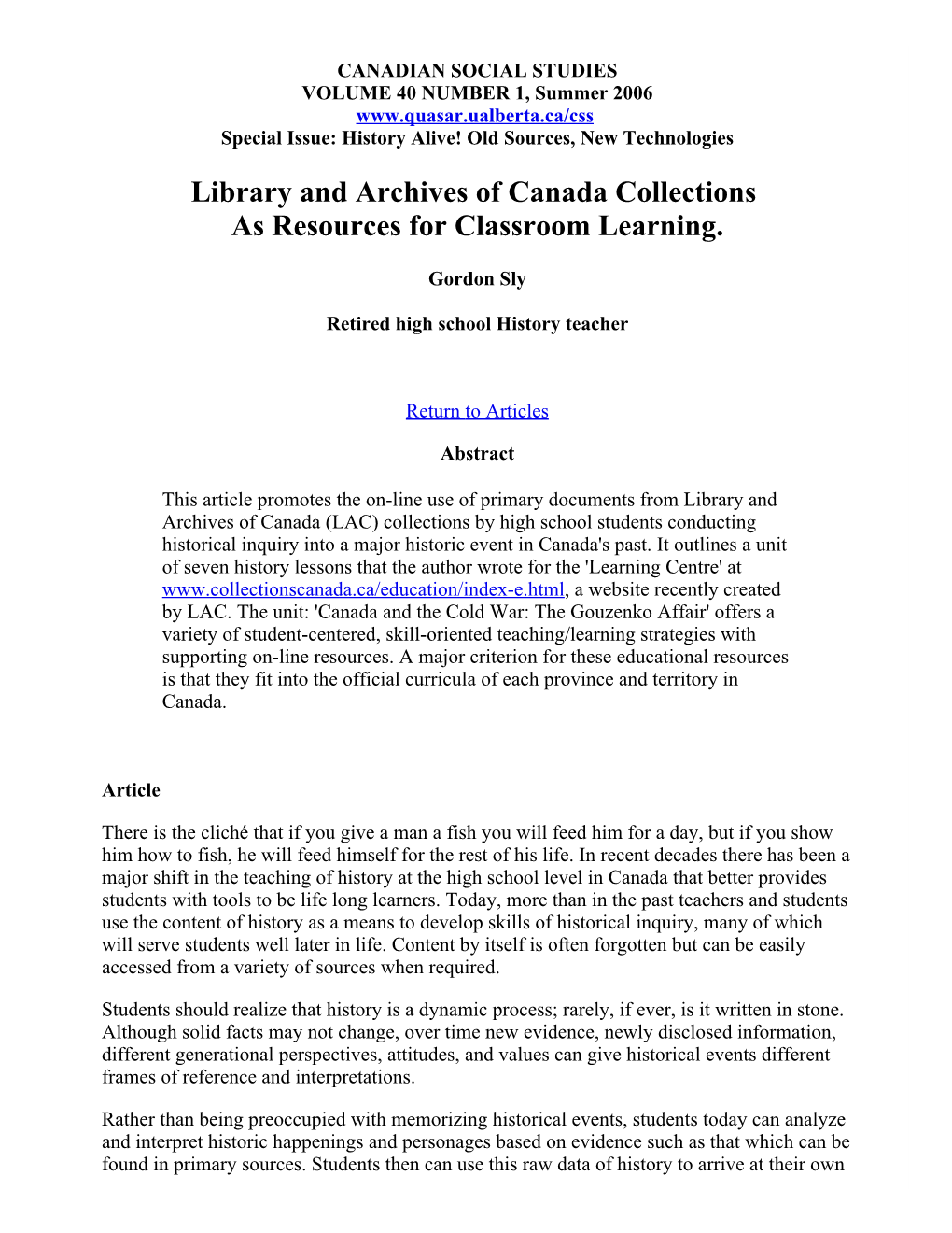 Library and Archives of Canada Collections As Resources for Classroom Learning