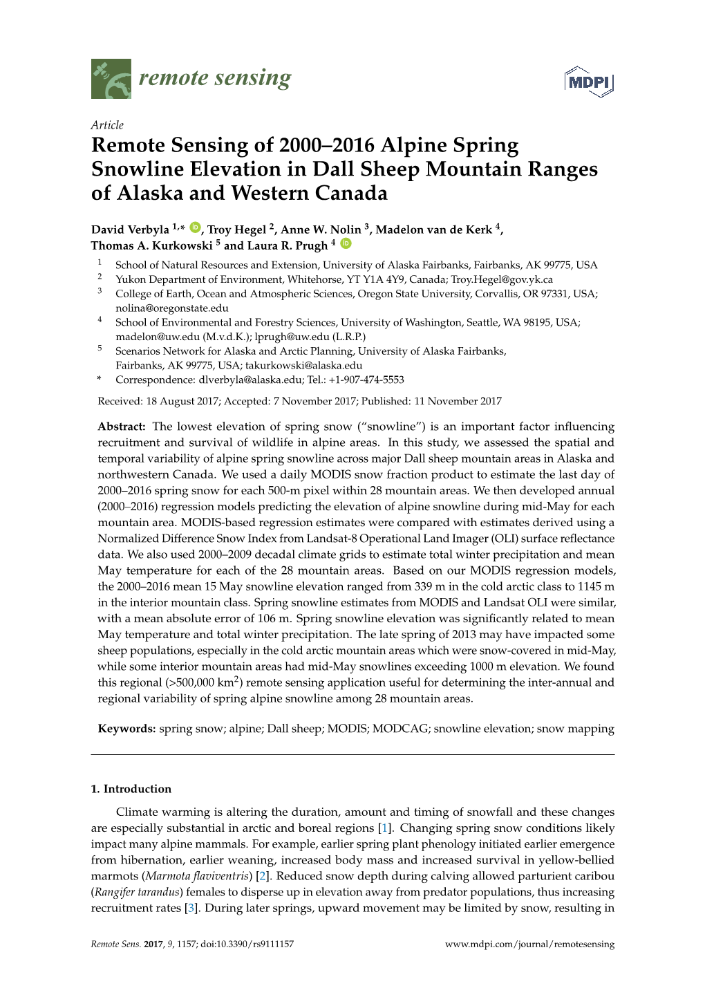 Remote Sensing of 2000–2016 Alpine Spring Snowline Elevation in Dall Sheep Mountain Ranges of Alaska and Western Canada