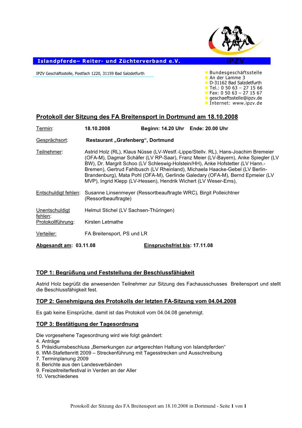 Protokoll Der Sitzung Des FA Breitensport in Dortmund Am 18.10.2008