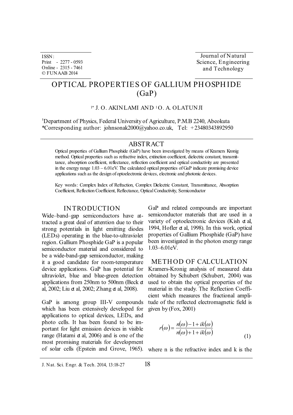 OPTICAL PROPERTIES of GALLIUM PHOSPHIDE (Gap)