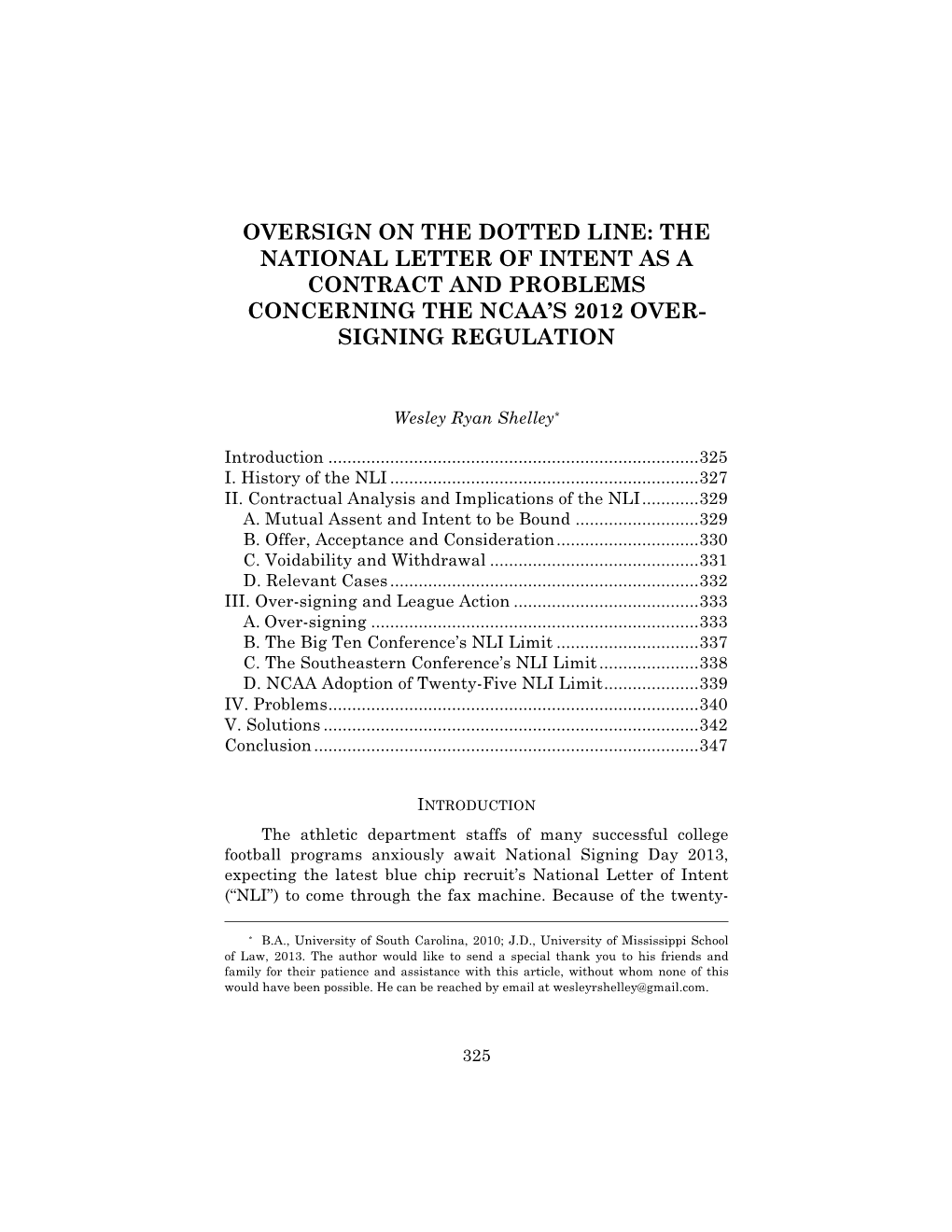 Oversign on the Dotted Line: the National Letter of Intent As a Contract and Problems Concerning the Ncaa’S 2012 Over- Signing Regulation