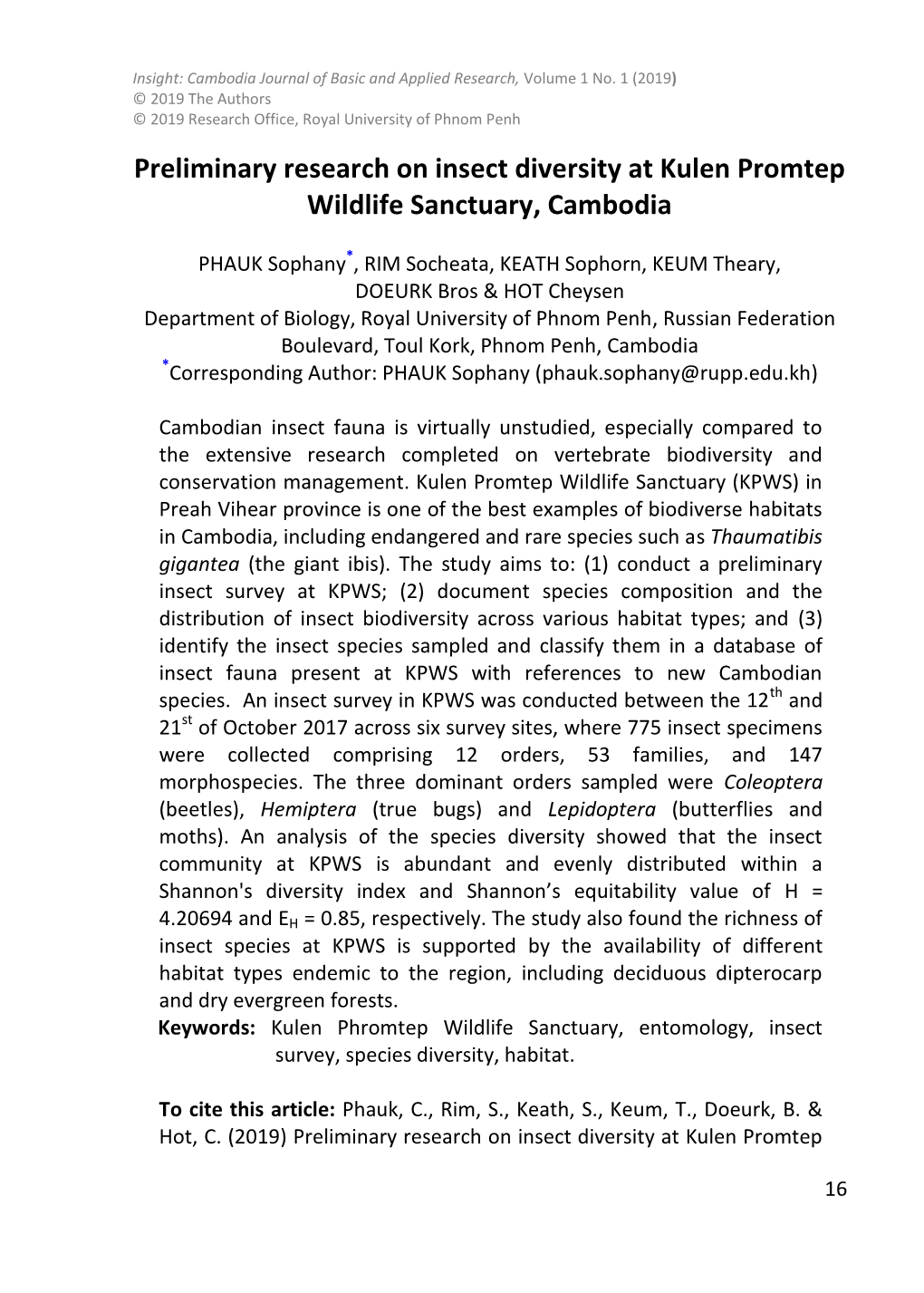 Preliminary Research on Insect Diversity at Kulen Promtep Wildlife Sanctuary, Cambodia