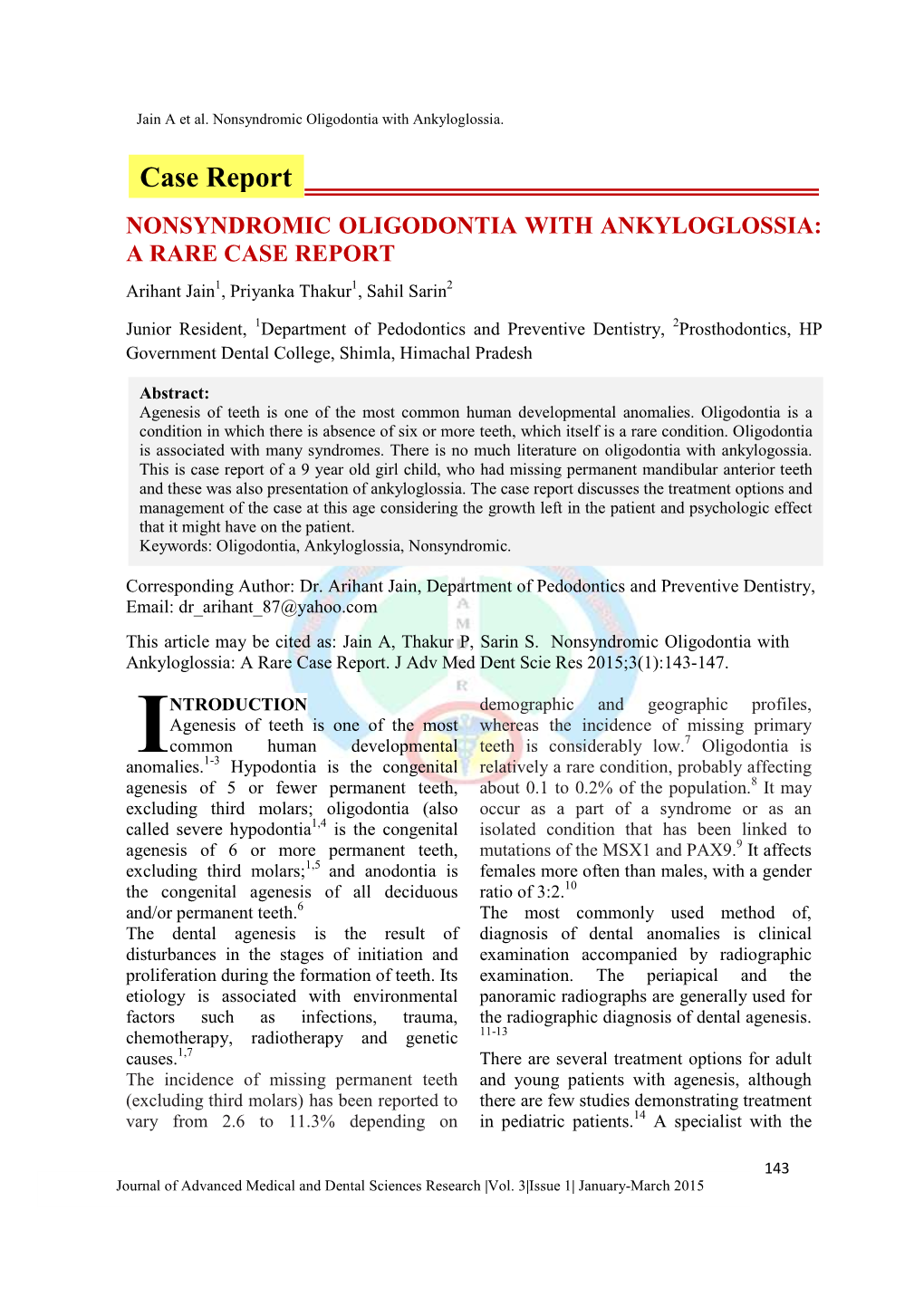 Nonsyndromic Oligodontia with Ankyloglossia: a Rare Case Report