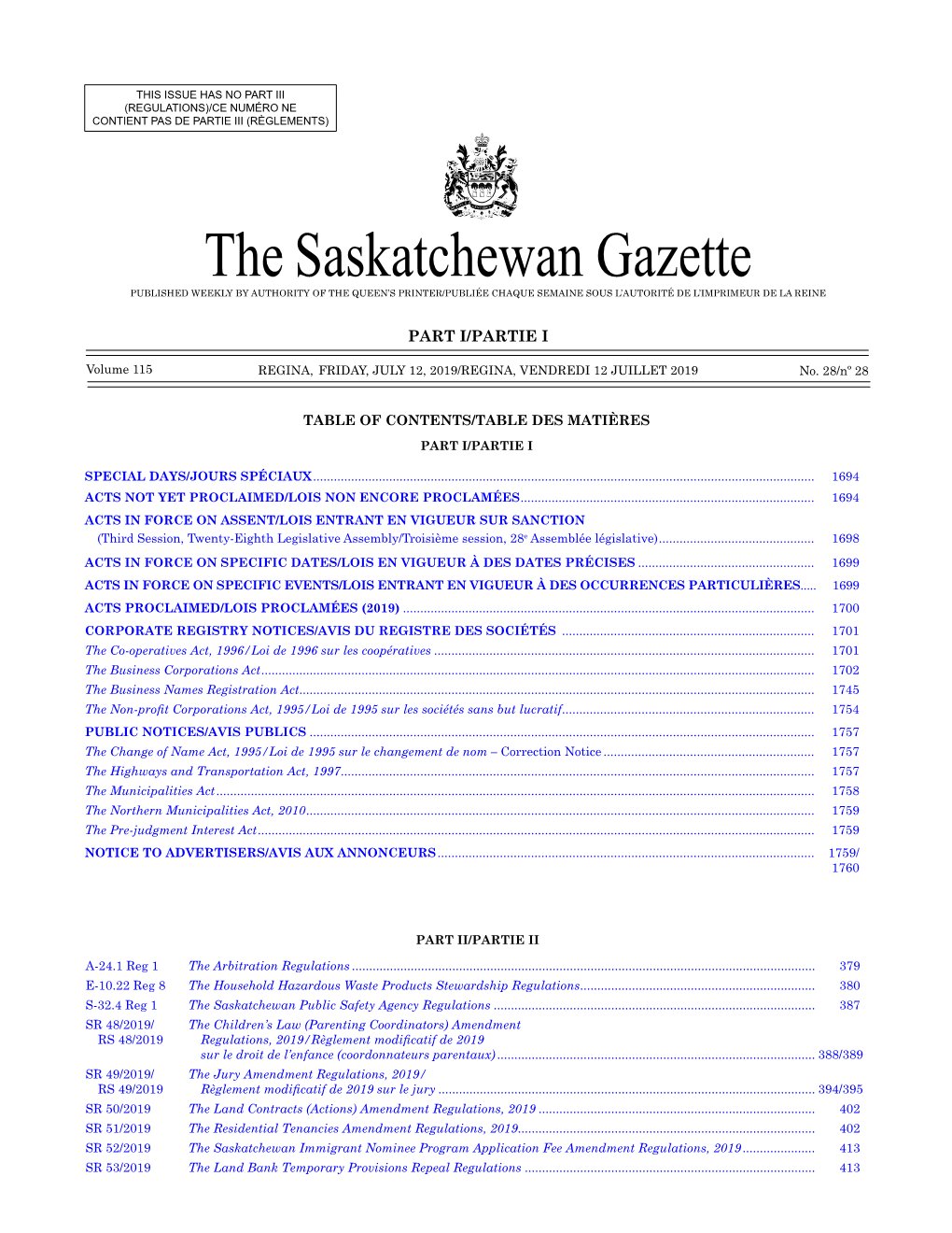 Gazette Part I, July 12, 2019