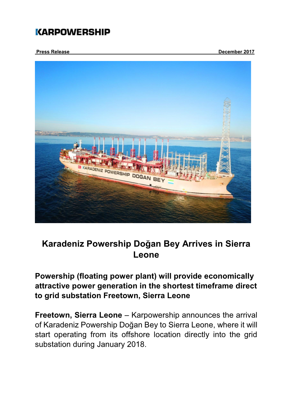 Karadeniz Powership Doğan Bey Arrives in Sierra Leone