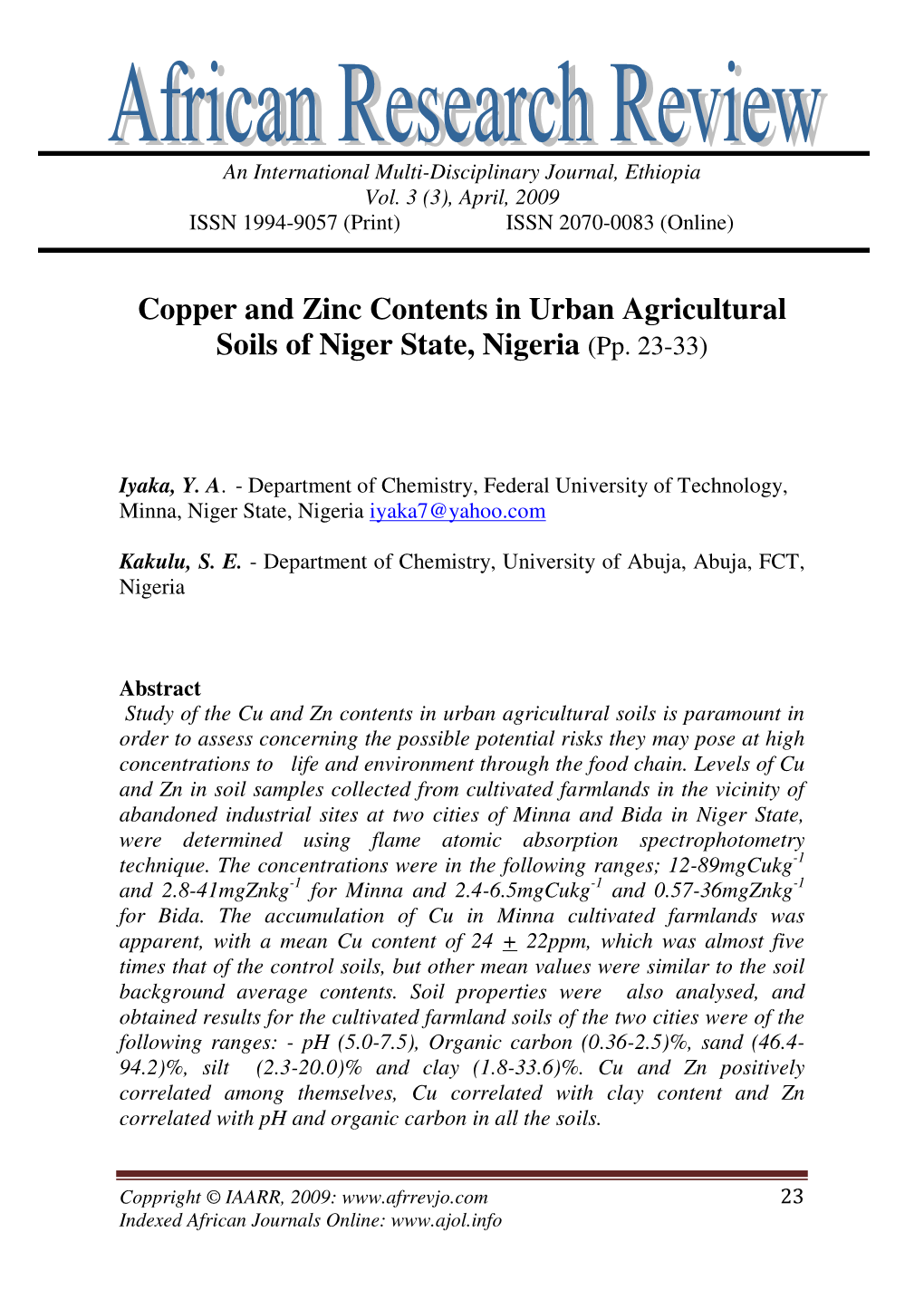 Copper and Zinc Contents in Urban Agricultural Soils of Niger State, Nigeria (Pp